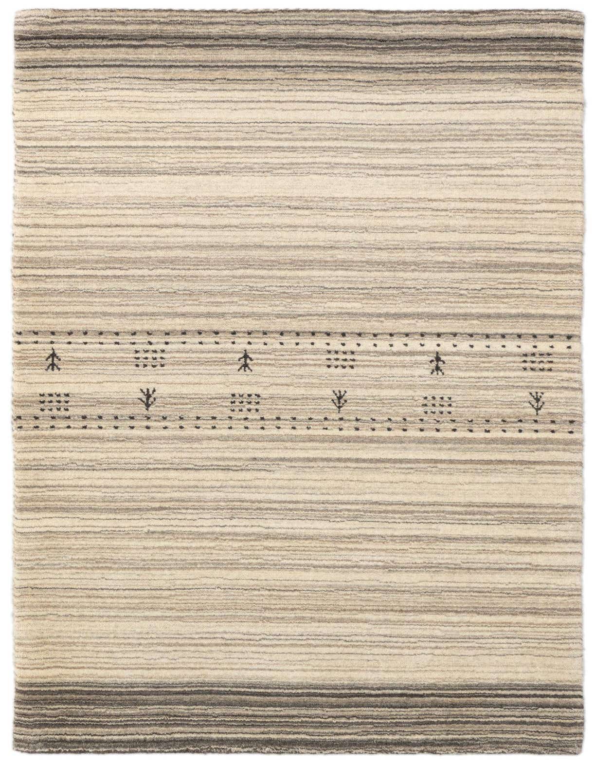 A 3x4 rectangular gray wool area rug with horizontal stripes and abstract black patterns.