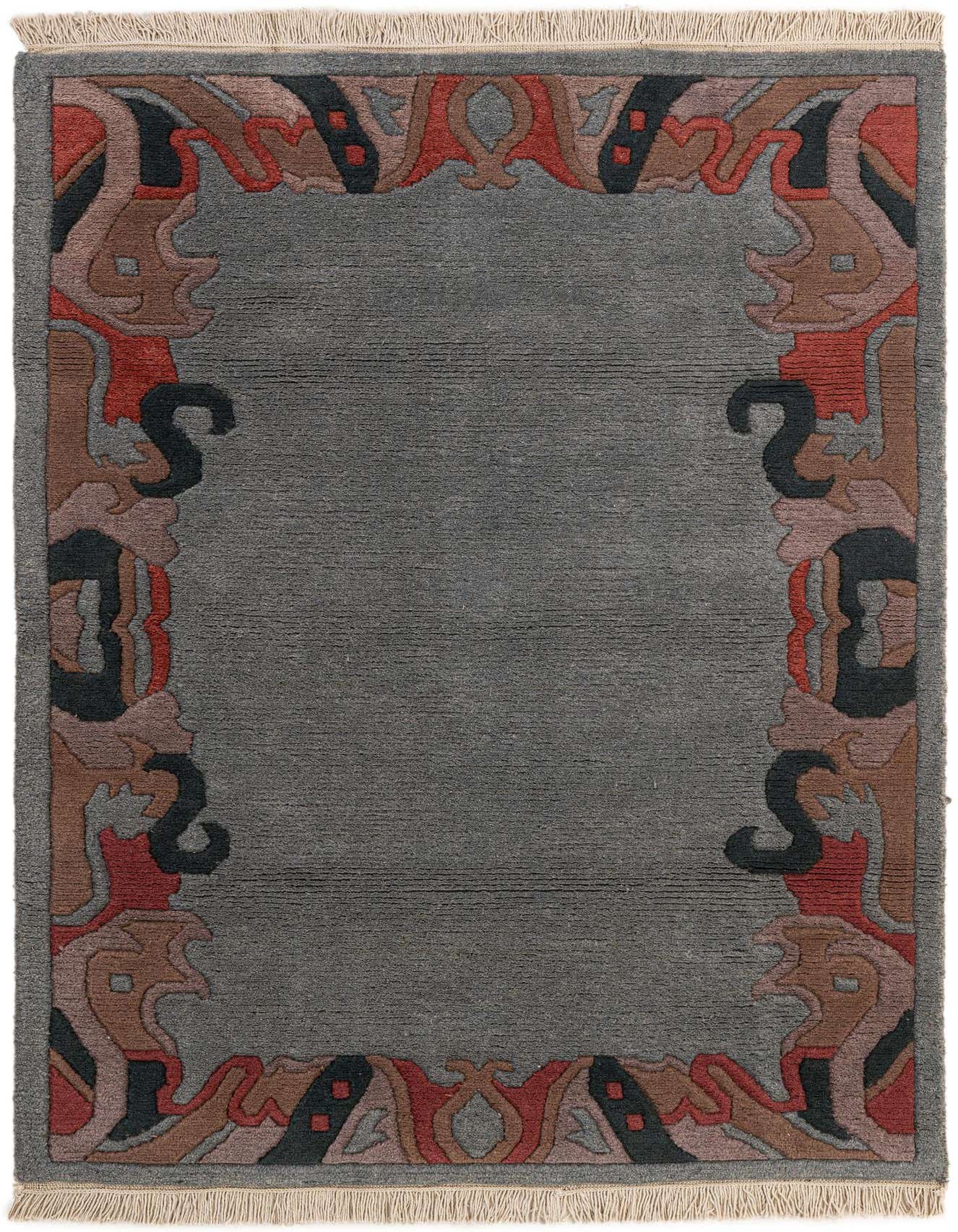 A 4x6 rectangular gray wool rug with a vibrant, abstract oriental border in red, black, brown, and pink tones, featuring fringe.
