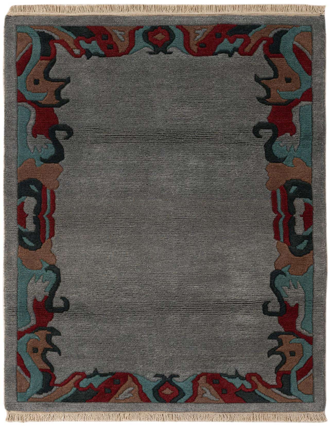 A 4x6 rectangular gray wool rug with a vibrant, abstract oriental border in red, teal, and brown.