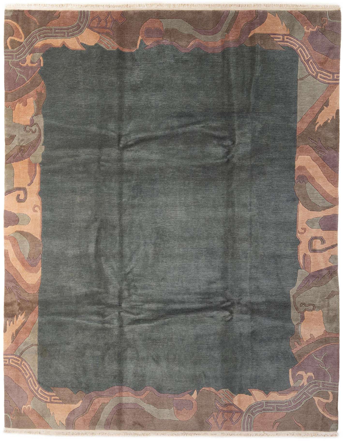 A rectangular 8x11 gray wool rug with a medium pile, featuring an abstract oriental border in earthy tones.