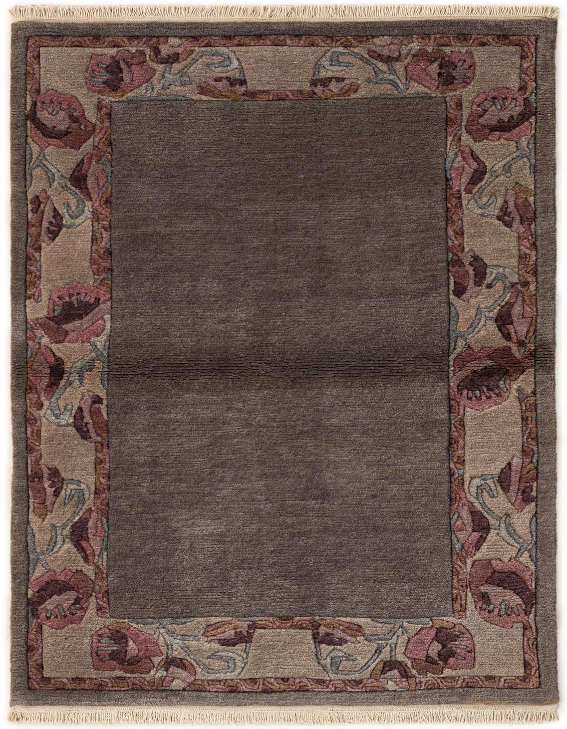 A 3x5 rectangular gray wool area rug with a modern oriental floral border in pink, brown, and light blue.