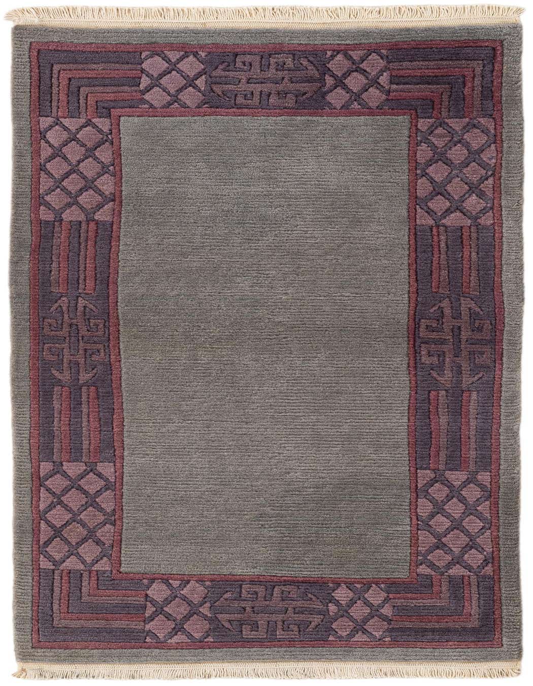 A 3x4 rectangular gray wool area rug with a modern oriental border pattern in shades of purple and red.