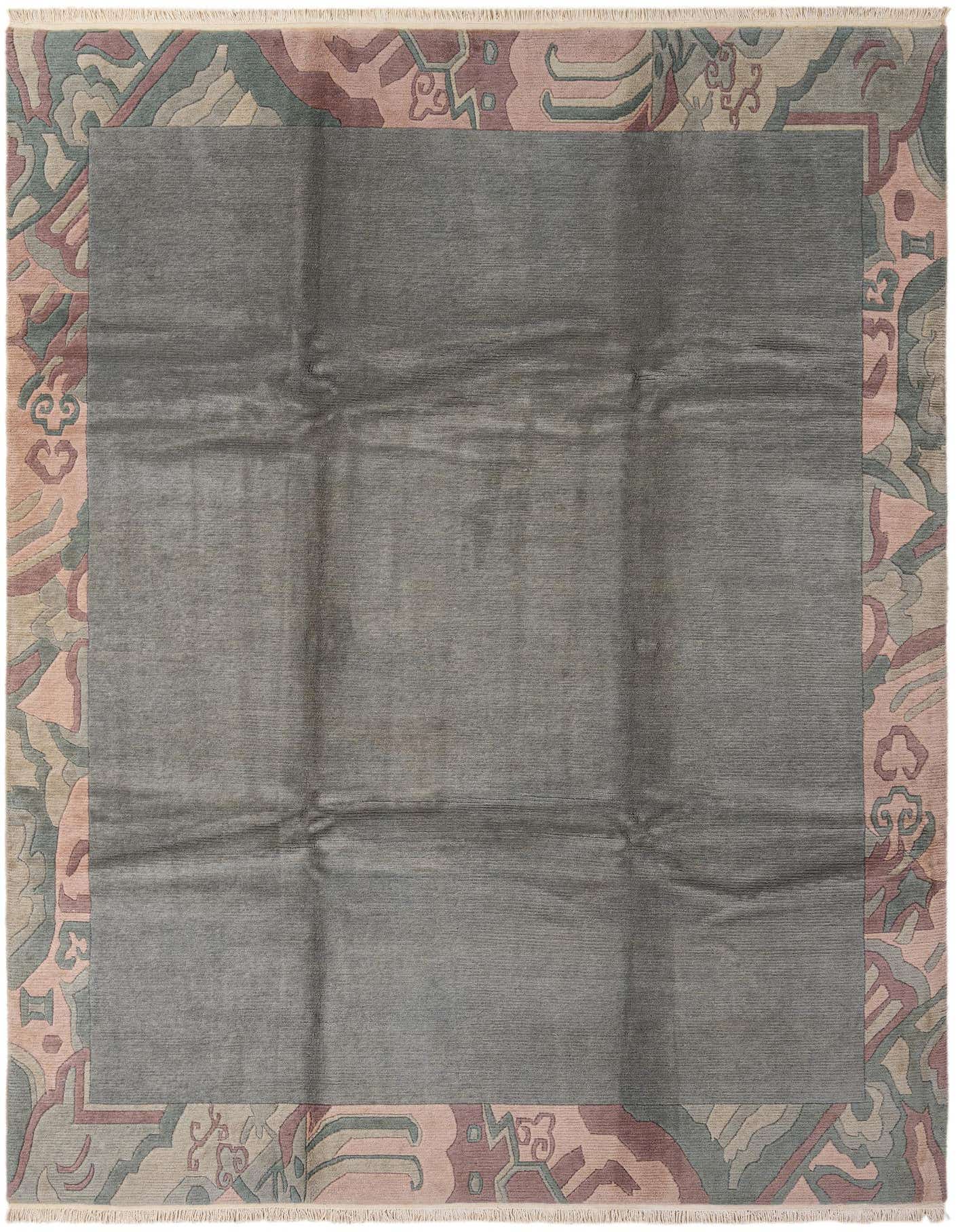 A 9x12 rectangular gray wool area rug with a modern oriental border in muted pink, green, and silver tones.
