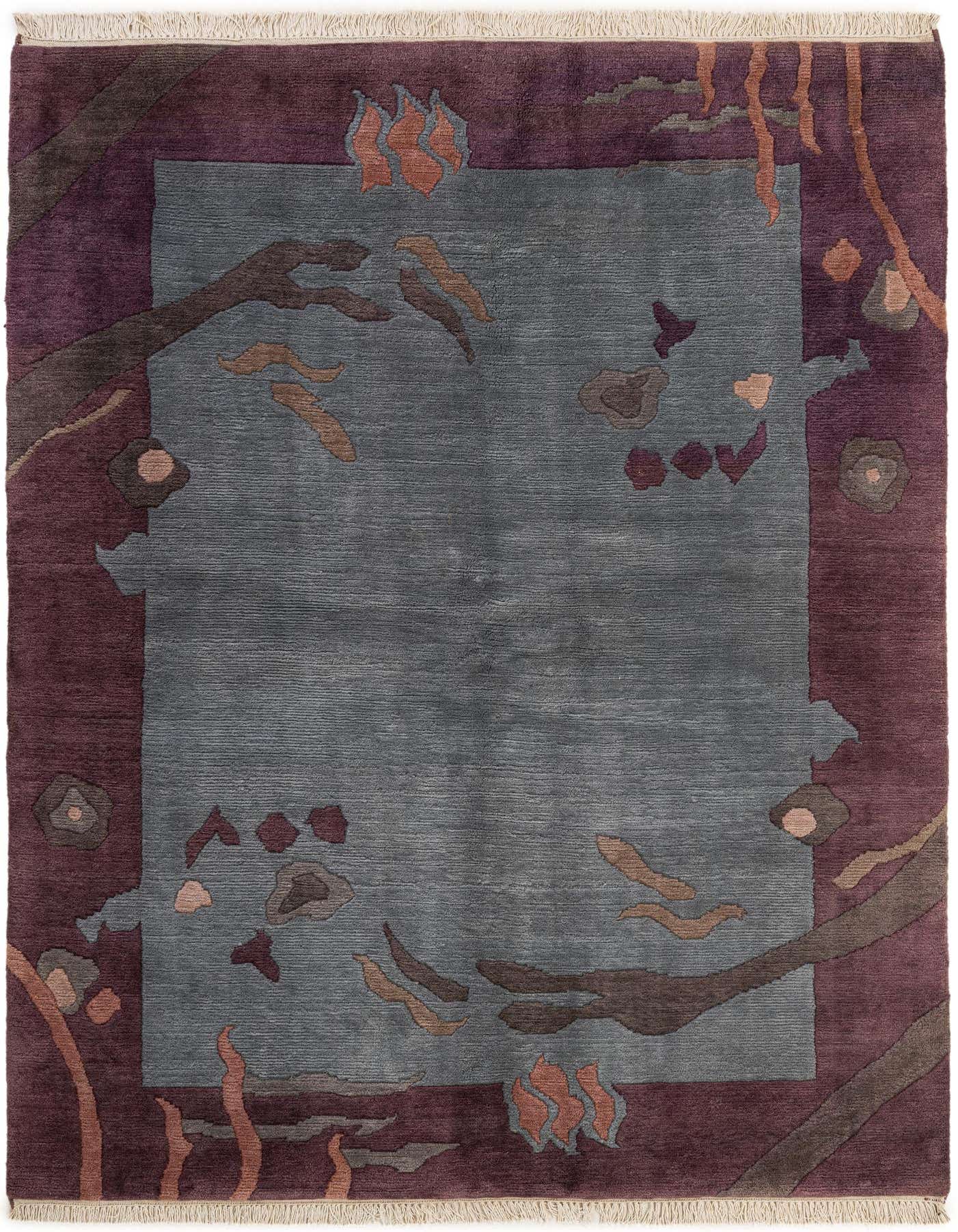 A 5x8 rectangular modern rug with a gray center and a deep plum border featuring abstract organic shapes in brown, rust, and gray.