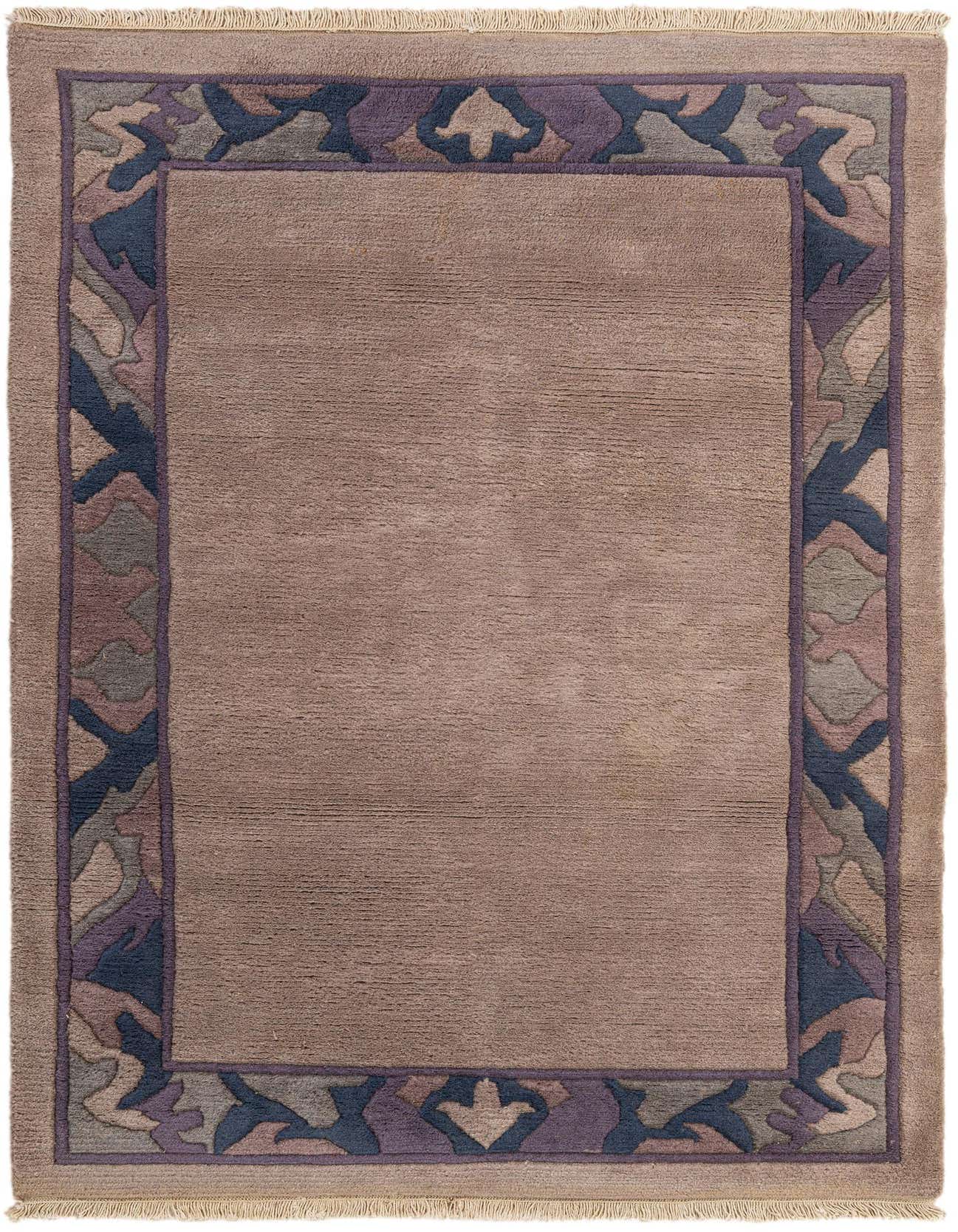 A 4x6 rectangular gray wool area rug with a modern abstract border in shades of purple, blue, and brown.