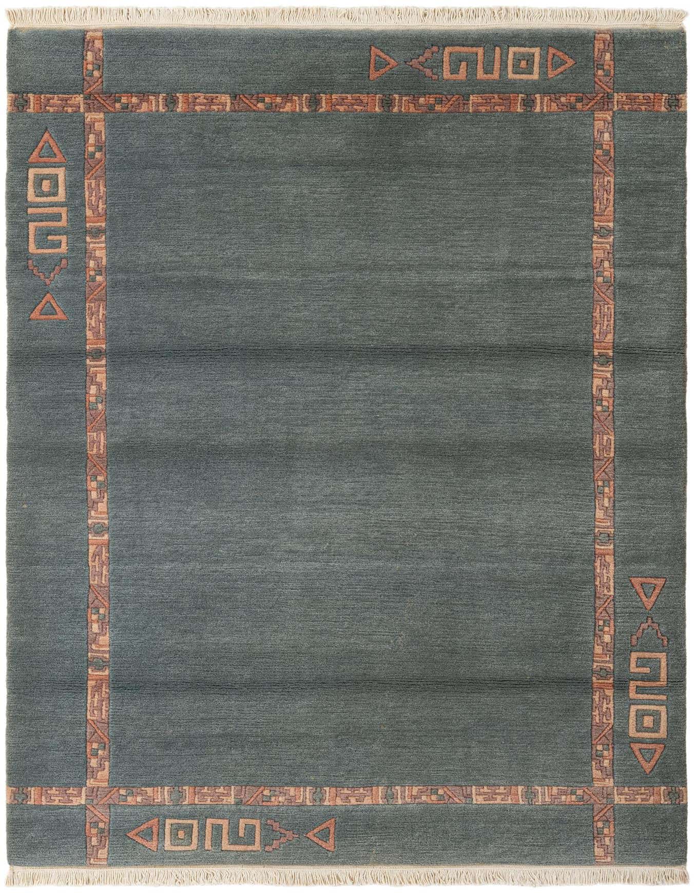 A 4x6 rectangular gray wool rug with a medium pile, featuring a modern Oriental border pattern in muted orange and beige tones.