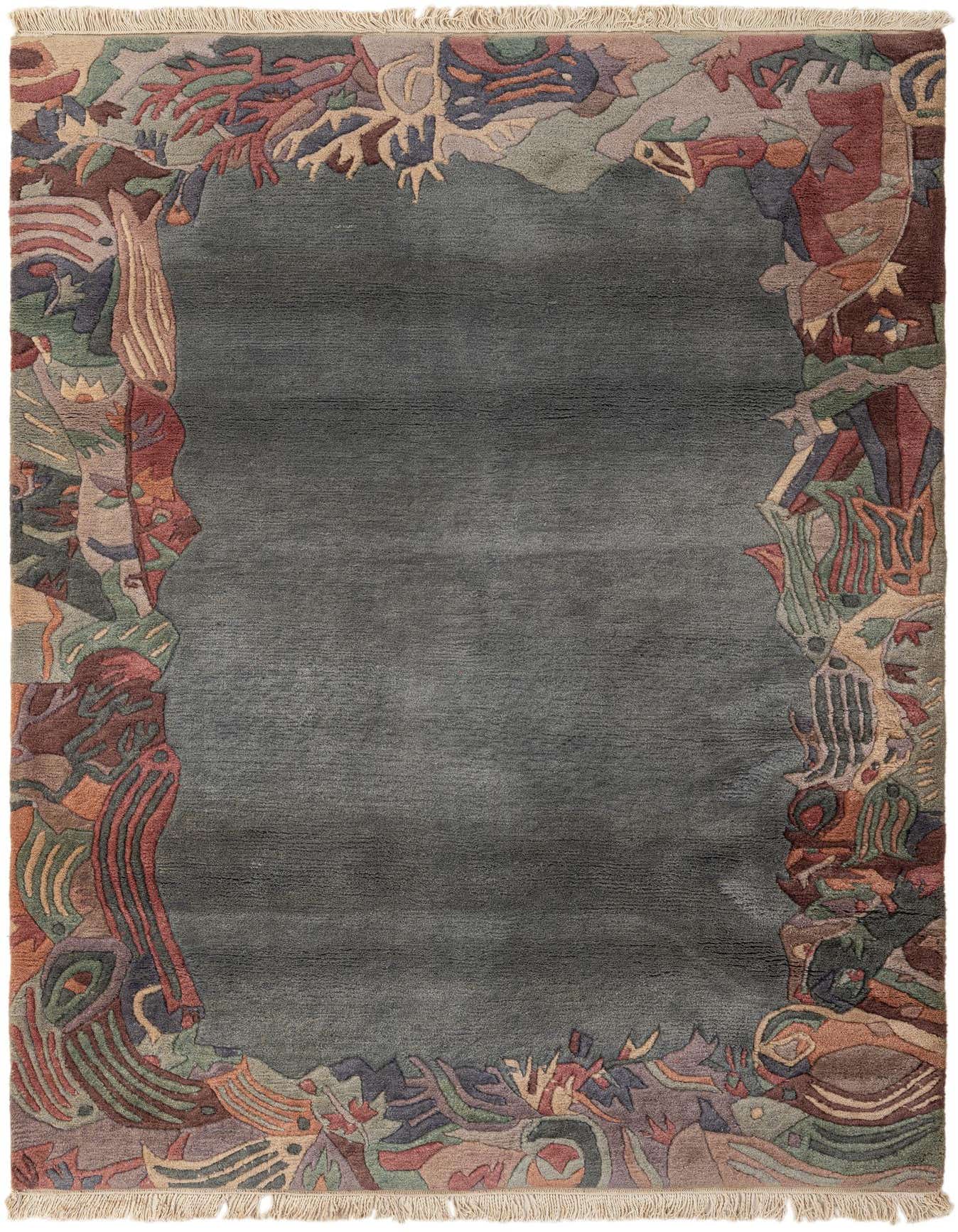 A 4x6 rectangular gray wool rug with a colorful, abstract modern-oriental border in various hues, featuring fringe.