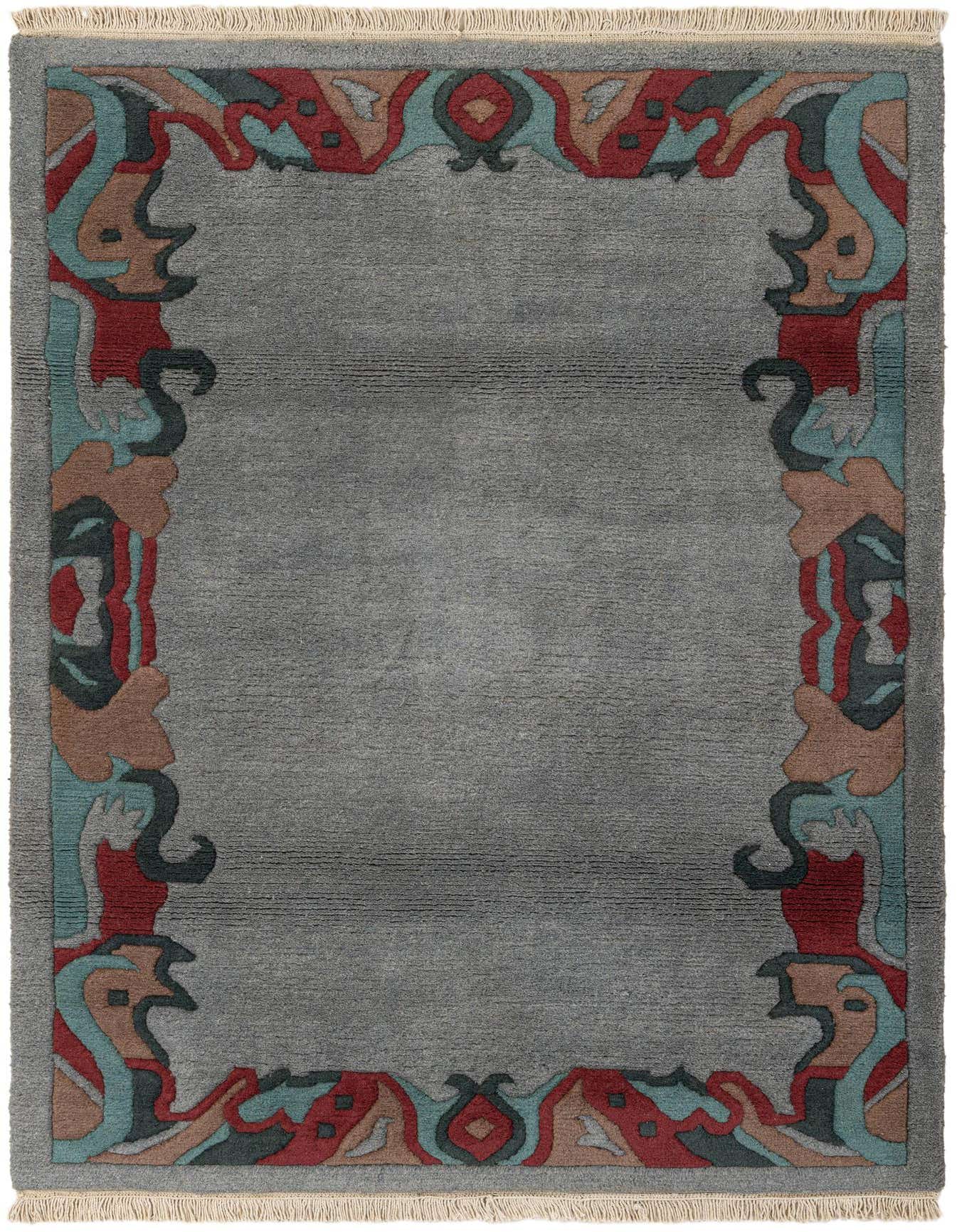 A 4x6 rectangular gray wool rug with a colorful modern oriental border in red, teal, and brown, suitable for a living room.
