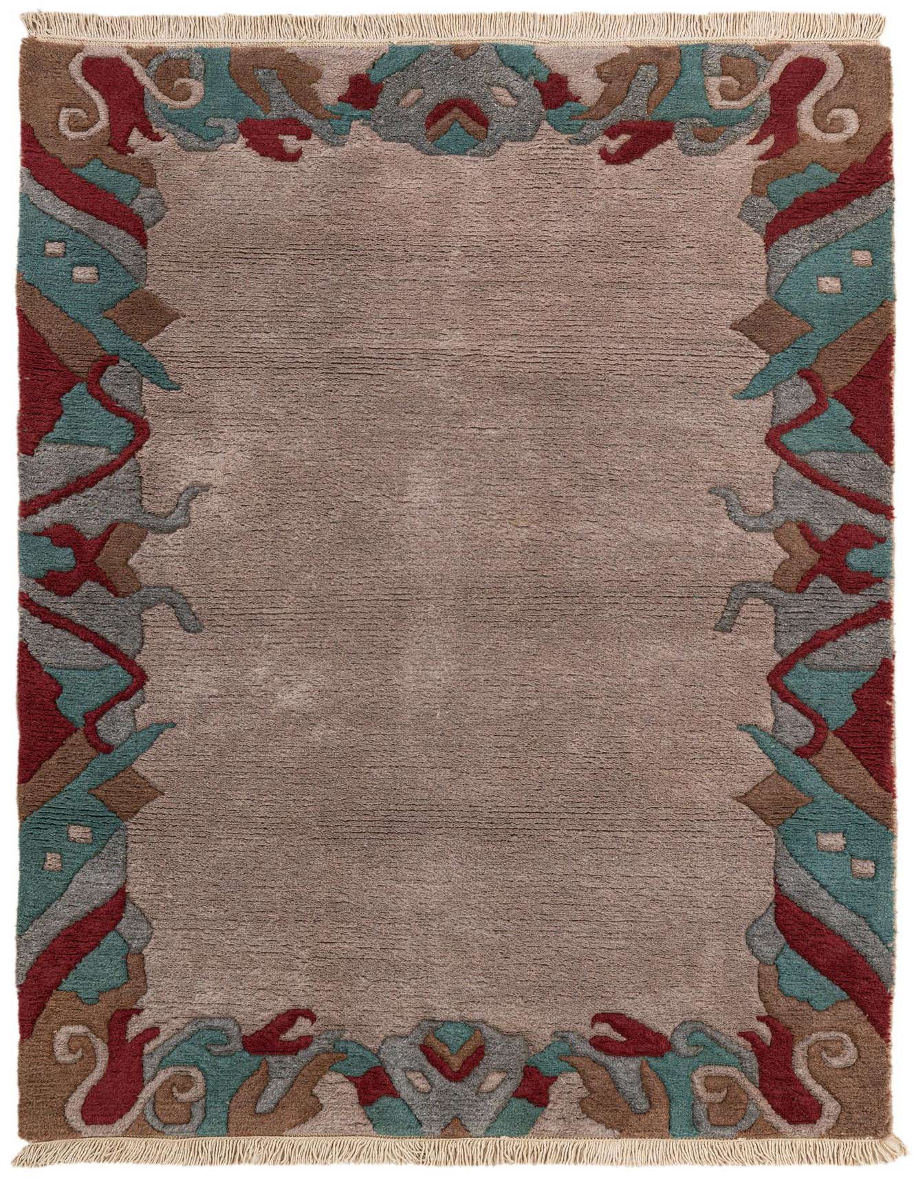 A 4x6 rectangular gray wool rug with a vibrant modern oriental border in teal, red, and brown.