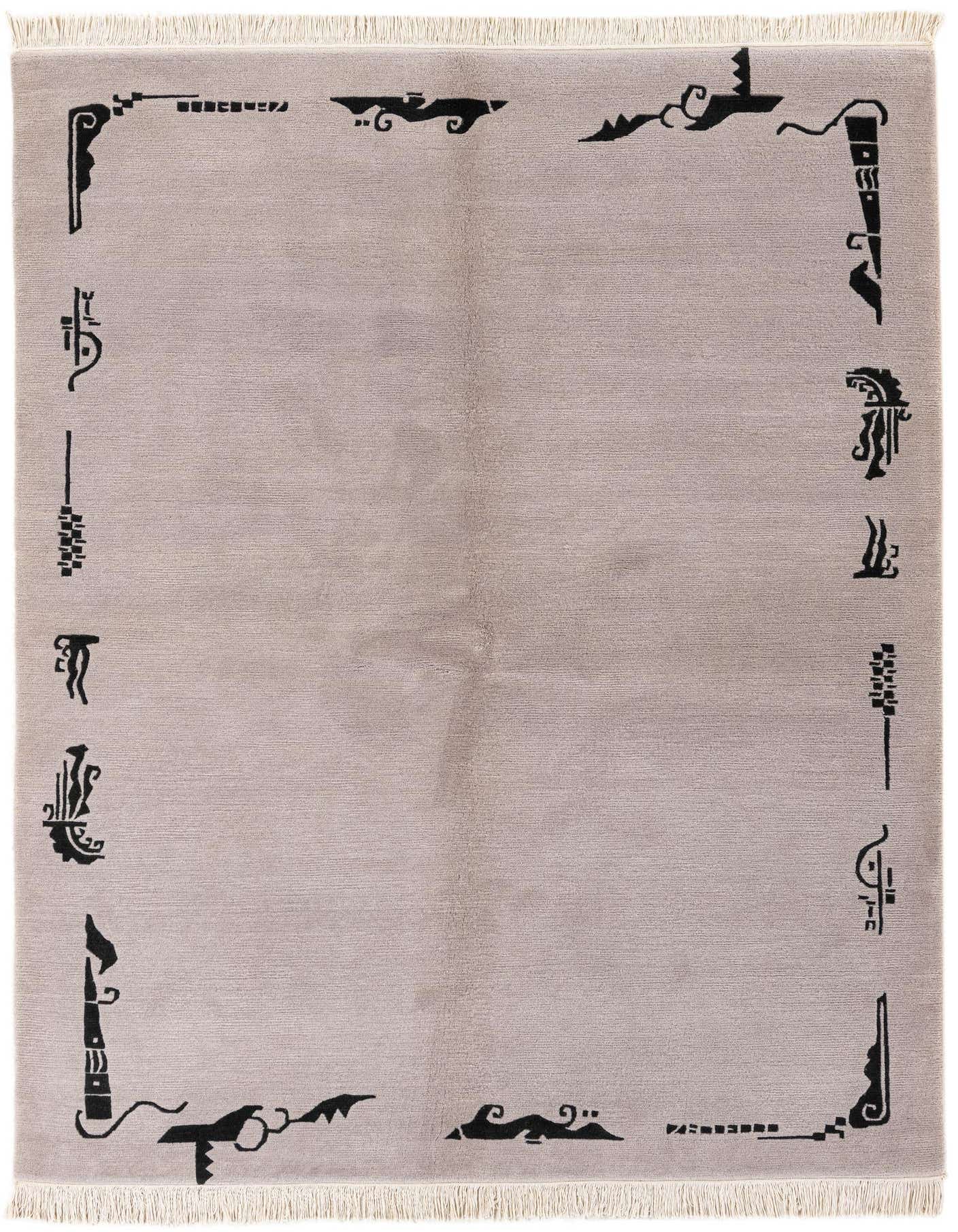 A 5x7 rectangular gray wool rug with a modern black oriental border pattern and fringe.