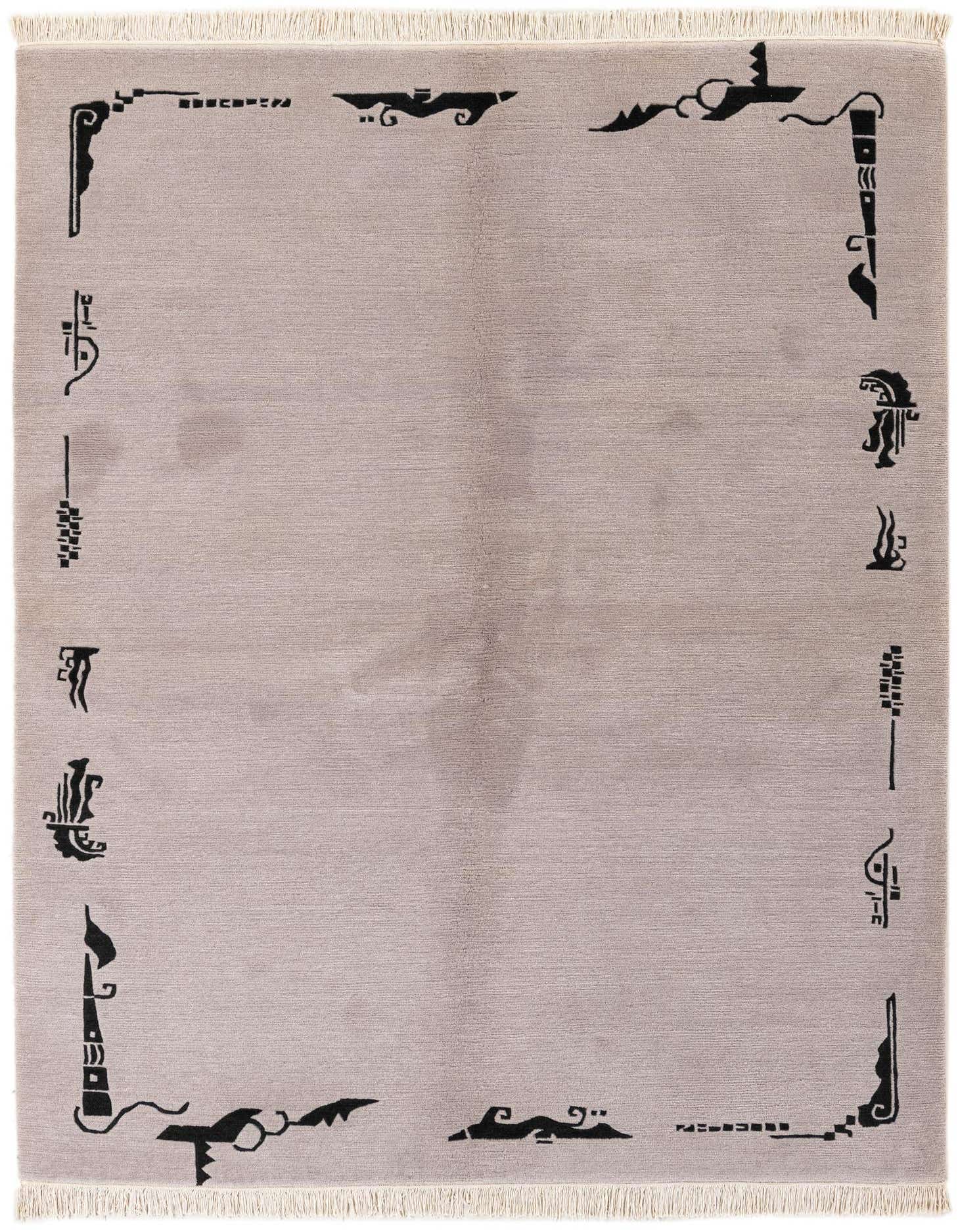 A 5x7 rectangular gray wool rug with a modern abstract black border design and fringed ends.