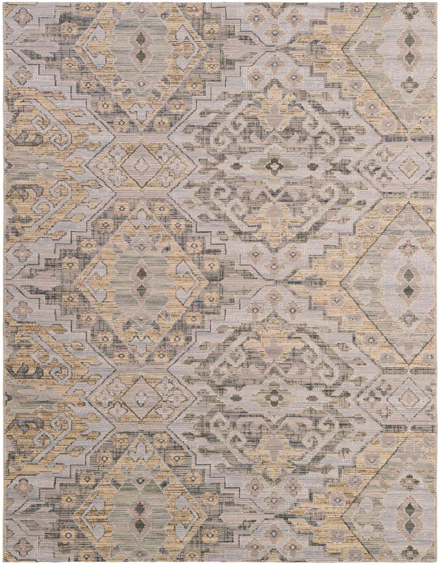 A 5x8 rectangular modern area rug featuring a distressed geometric pattern in shades of gray, silver, and muted gold.
