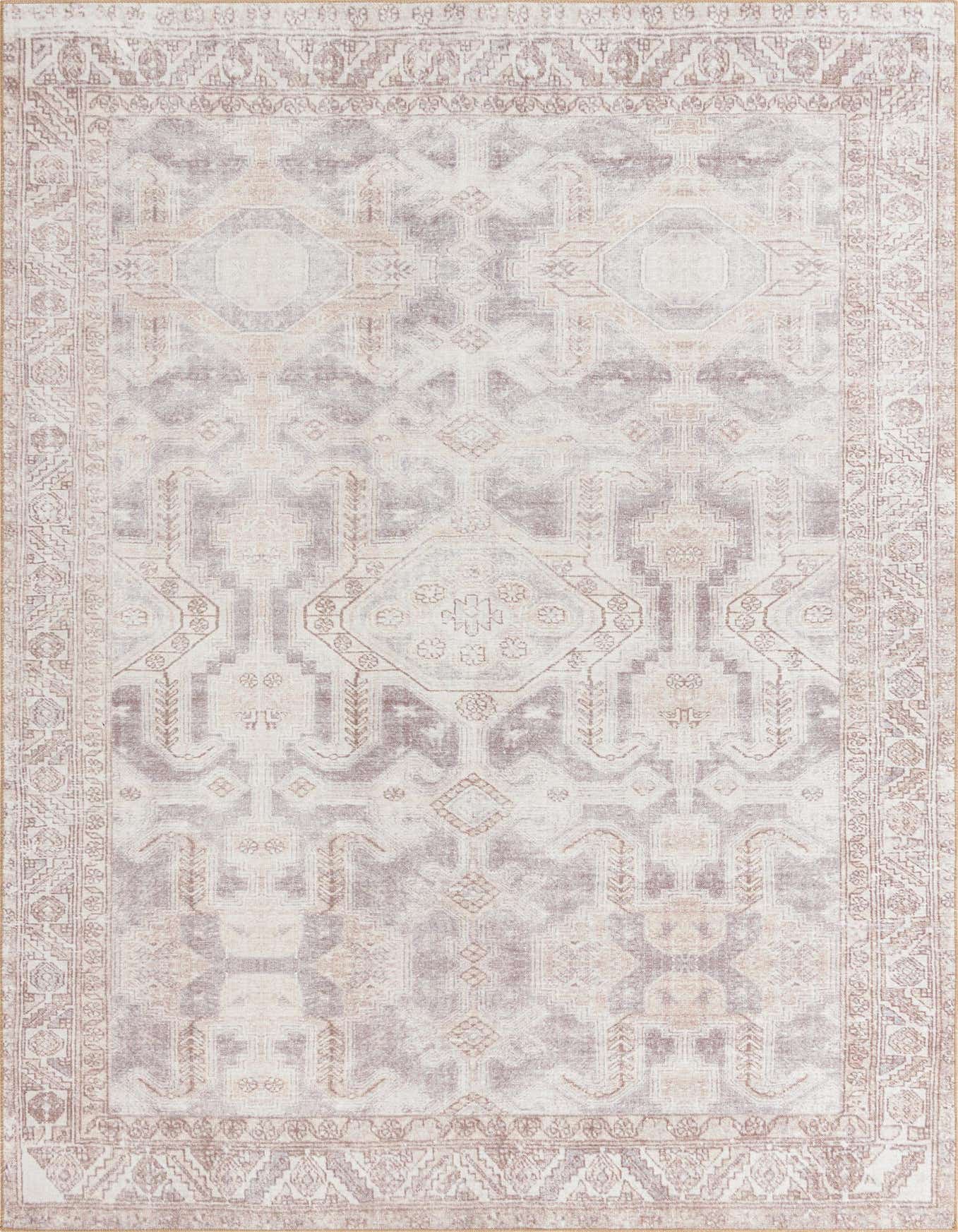 An 8x12 rectangular gray and silver Asian-inspired rug with a faded medallion and border pattern, suitable for indoor spaces.