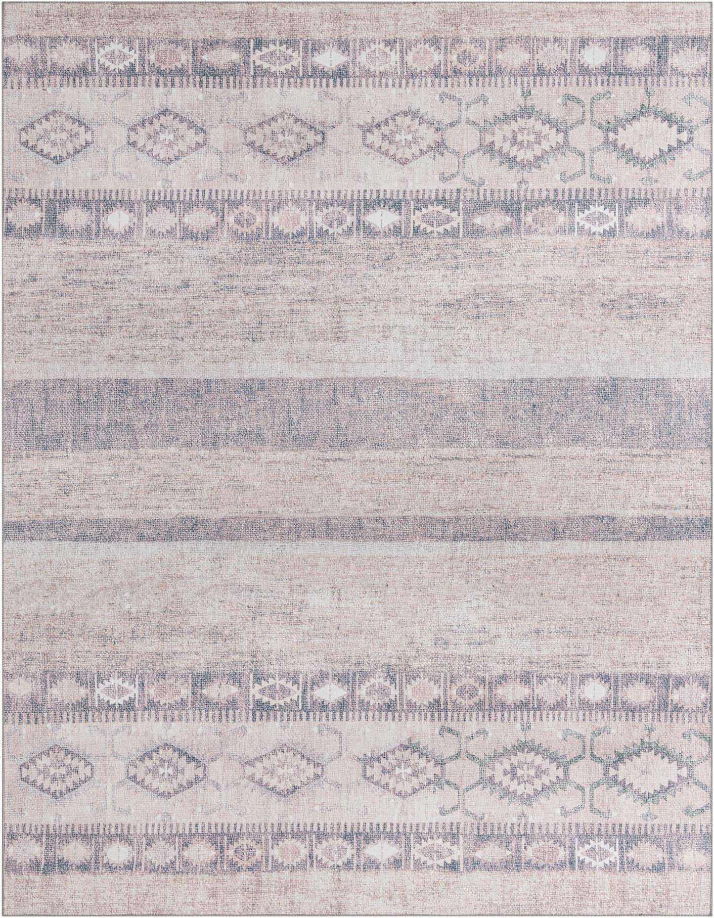 An 8x12 rectangular gray transitional rug with tribal and stripe patterns, ideal for an indoor living space.