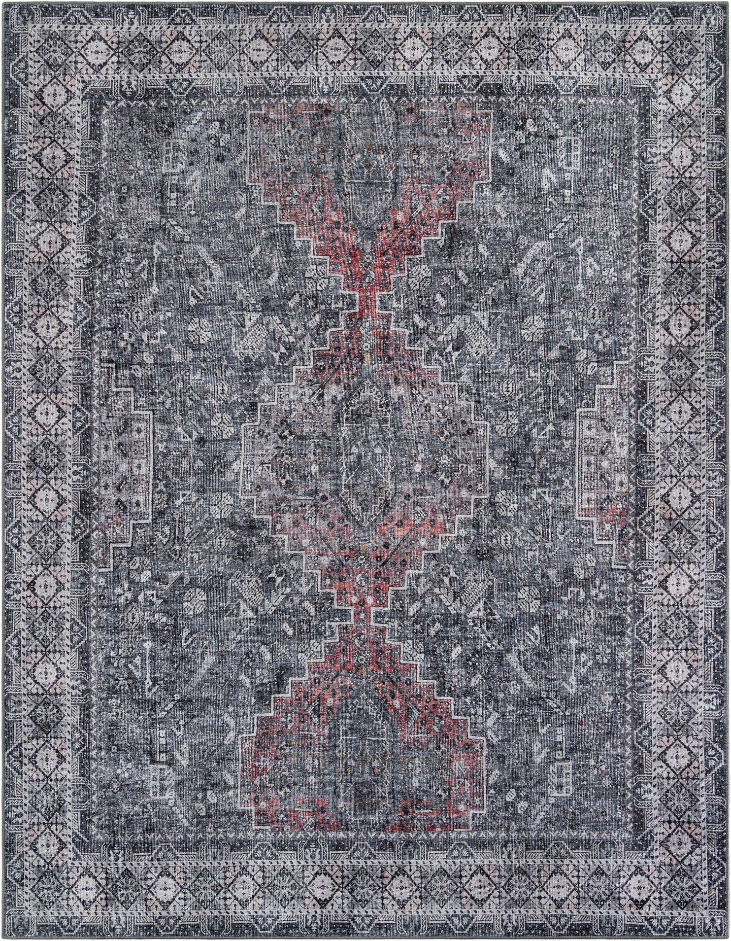 A 10x13 rectangular gray area rug with a distressed traditional pattern and a bold red geometric medallion.