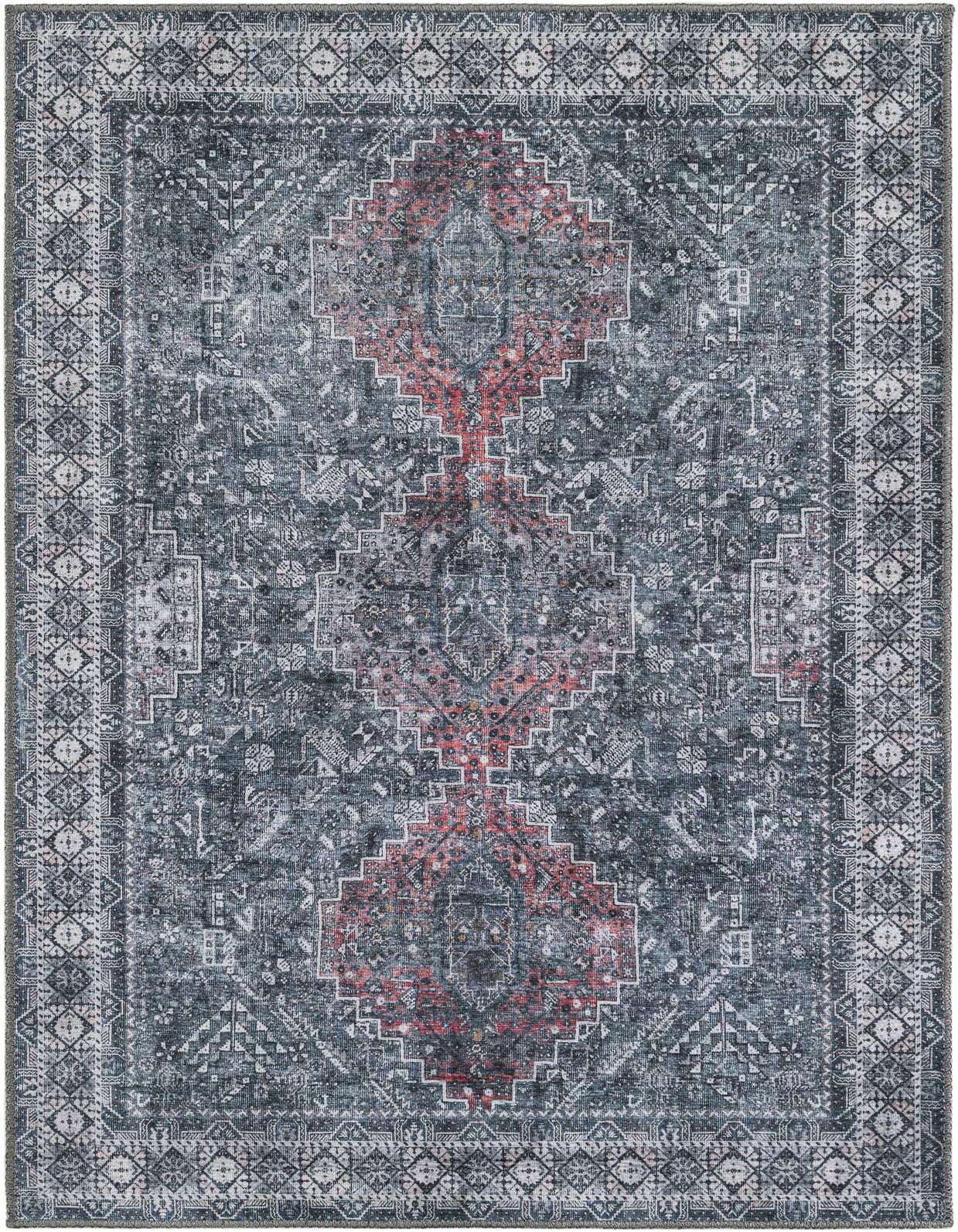 A rectangular 3x5 gray and silver rug with a distressed, intricate geometric pattern and a central faded red medallion.
