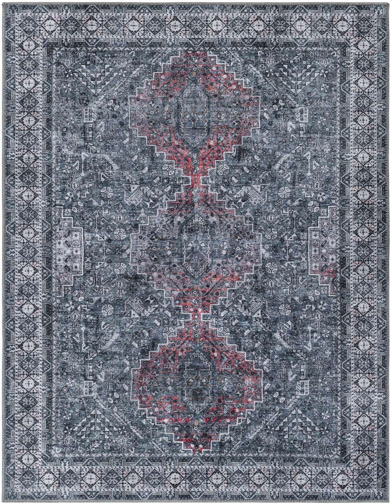 A 4x6 rectangular gray Oriental rug with a faded red medallion pattern and intricate border, suitable for a living room.