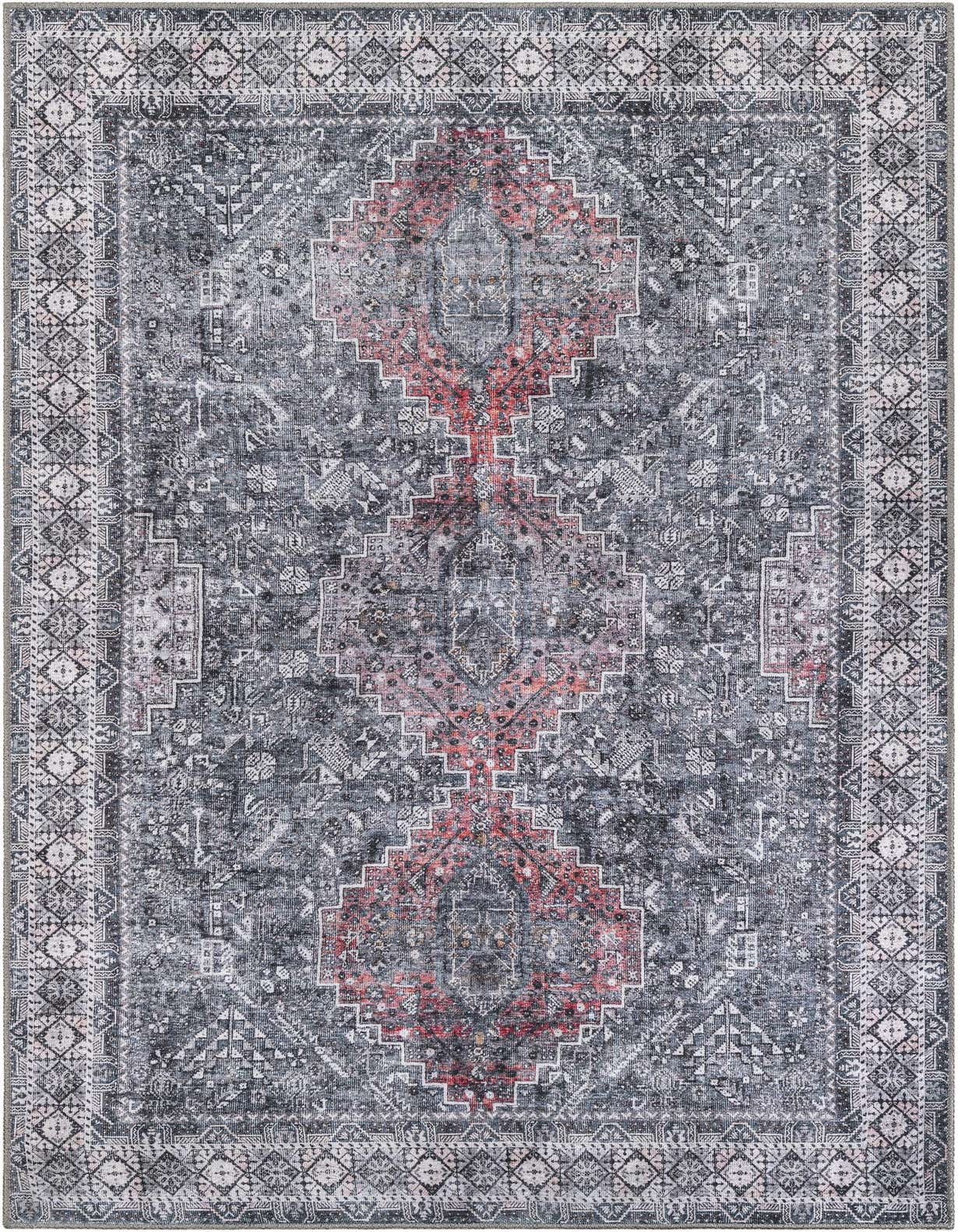 A 5x8 rectangular gray oriental rug with a distressed medallion pattern and subtle red accents, featuring a flatweave texture.
