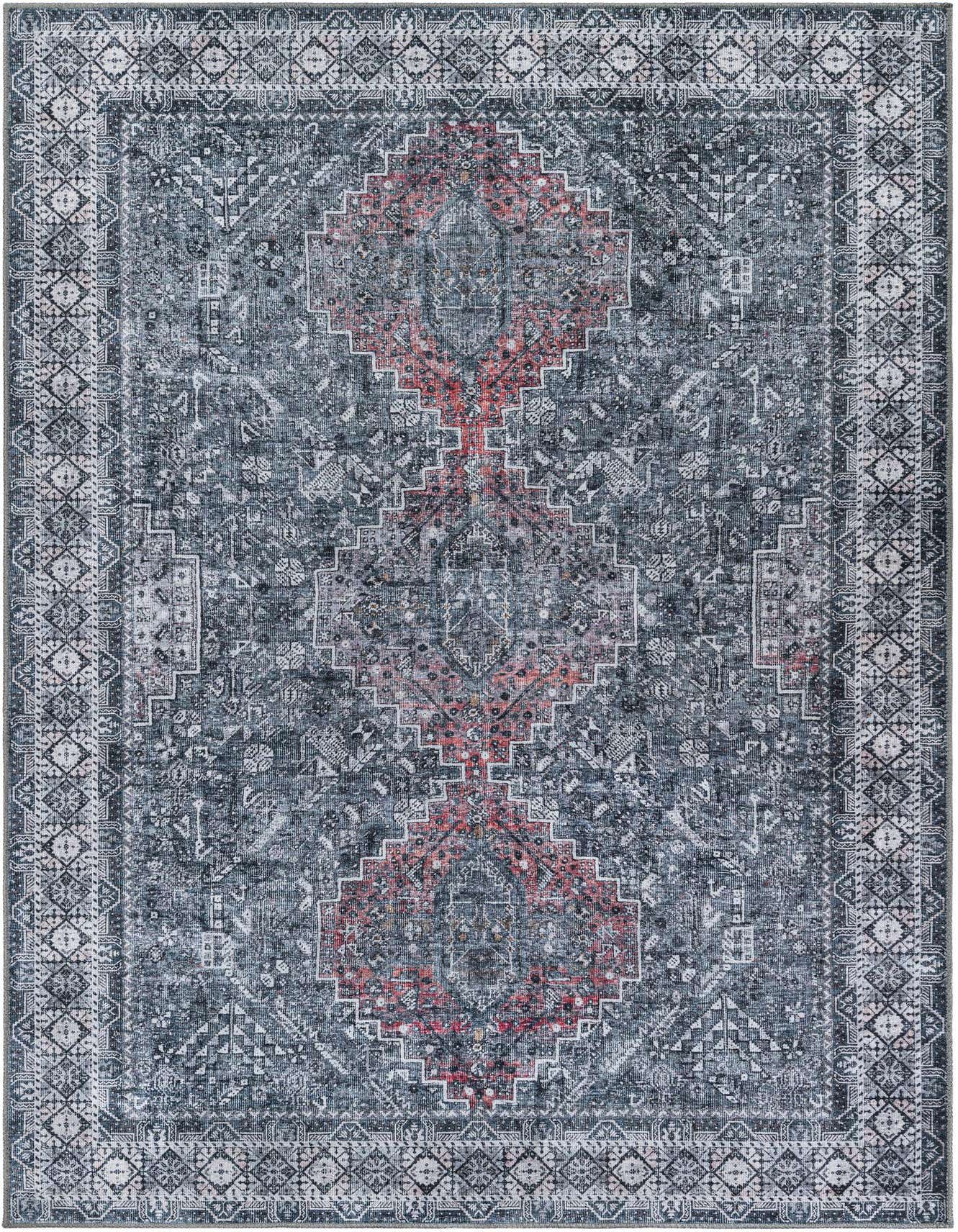 A 6x9 rectangular gray and silver oriental rug with a distressed traditional pattern and a bold red central medallion.