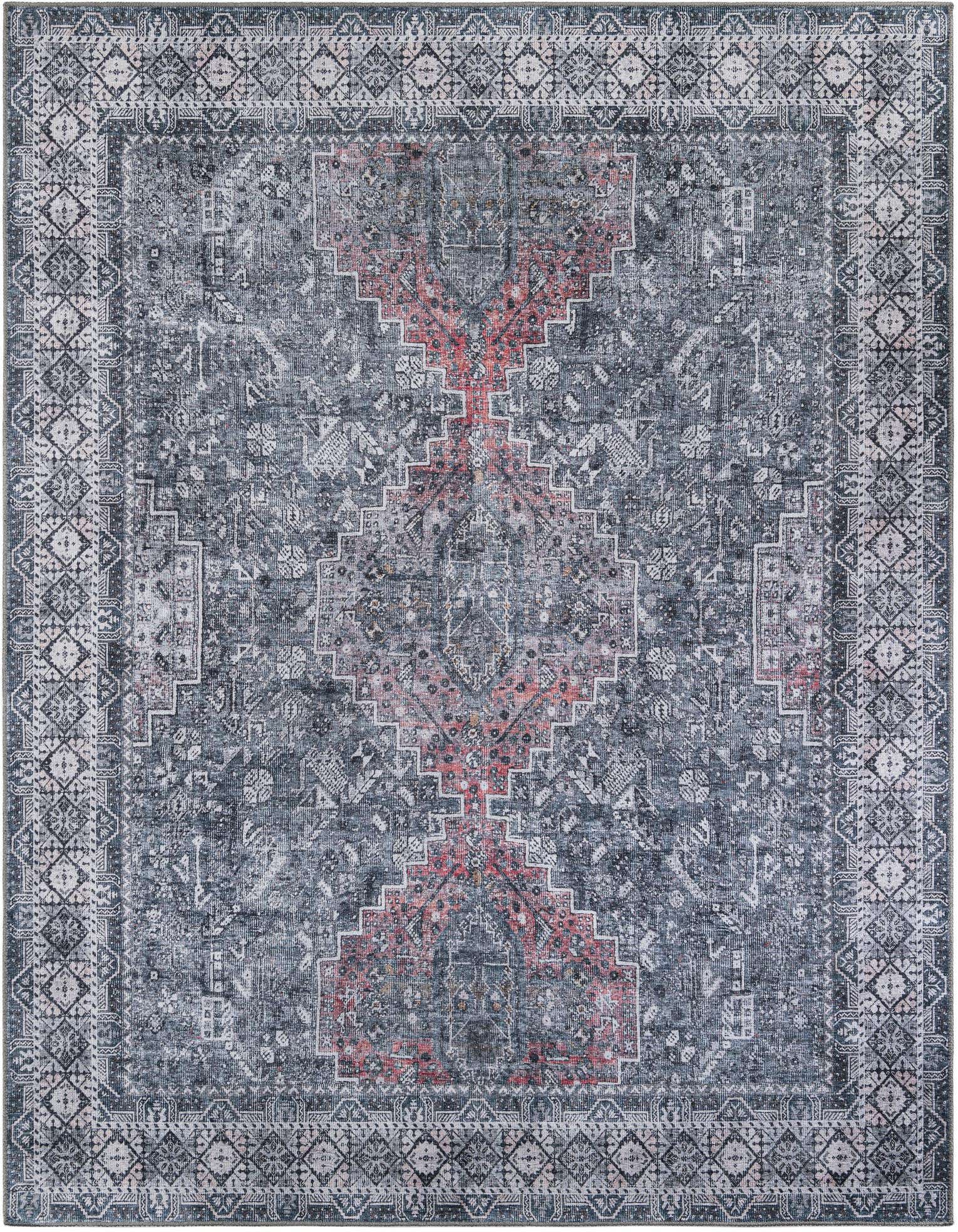 A rectangular 8x10 gray area rug with a distressed traditional pattern and a faded red central medallion.