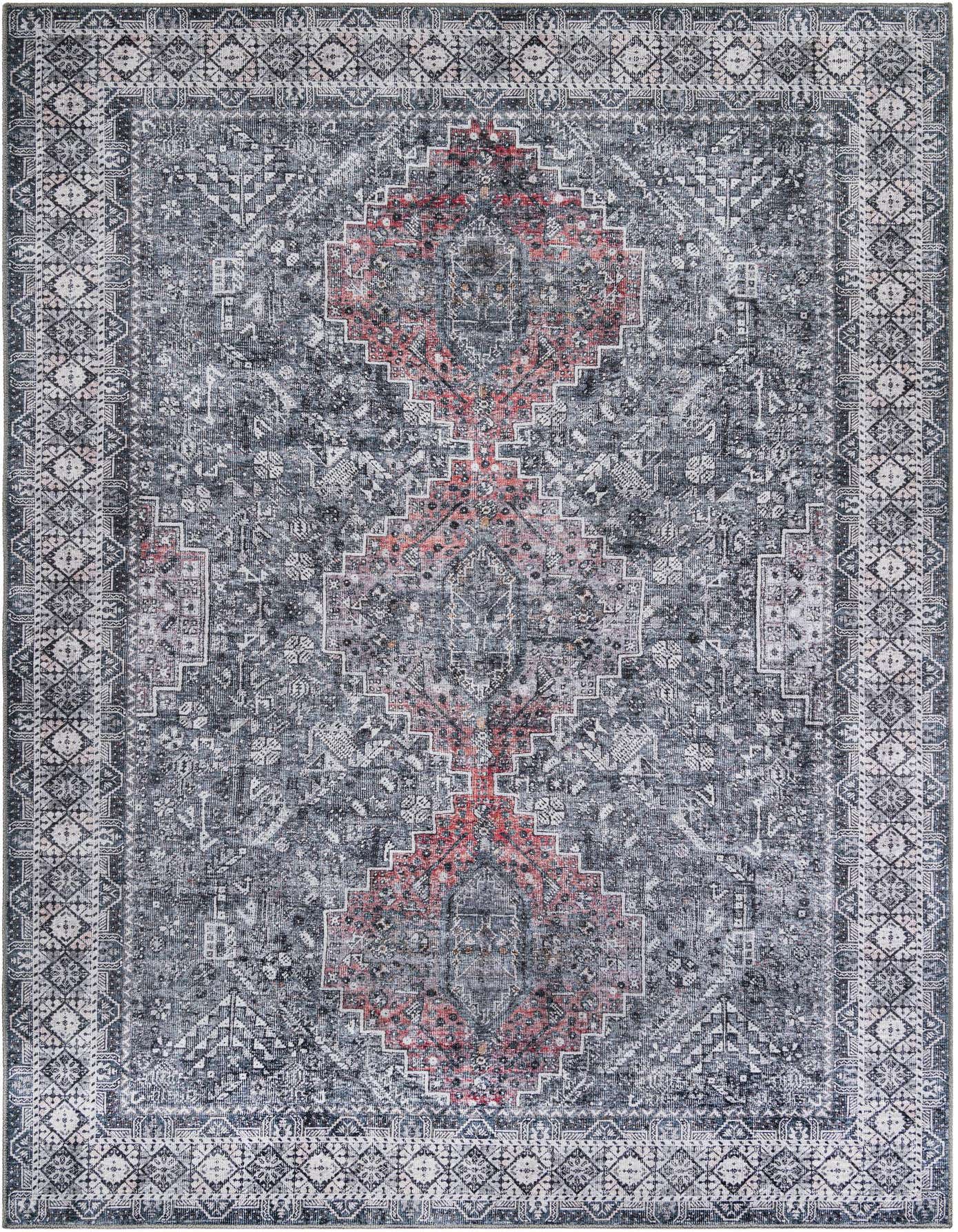 A rectangular 8x12 gray and silver rug with a distressed traditional pattern and a central faded red medallion, suitable for a patio.