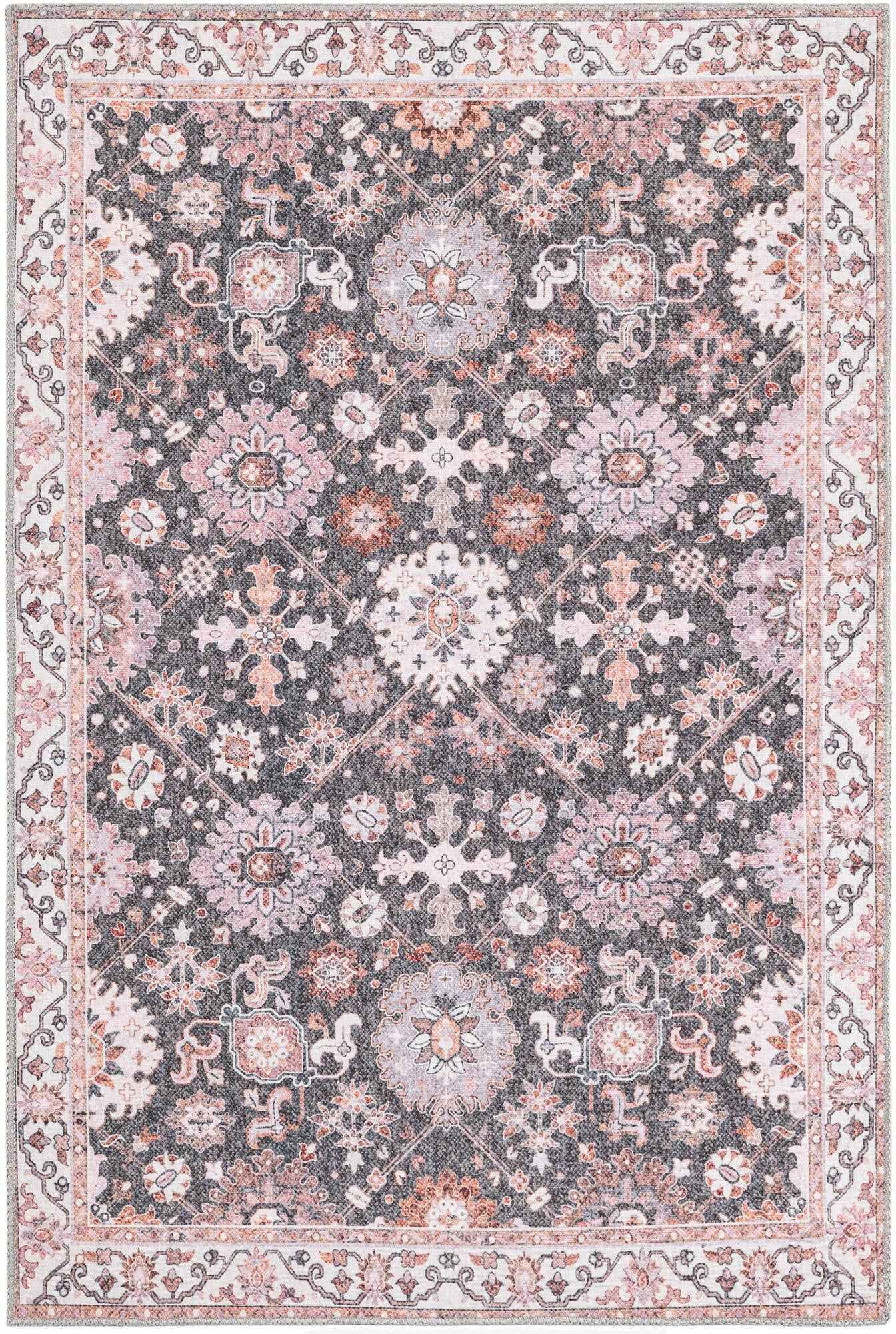 A 4x6 rectangular gray and pink oriental rug featuring a traditional medallion pattern with a vintage distressed look.