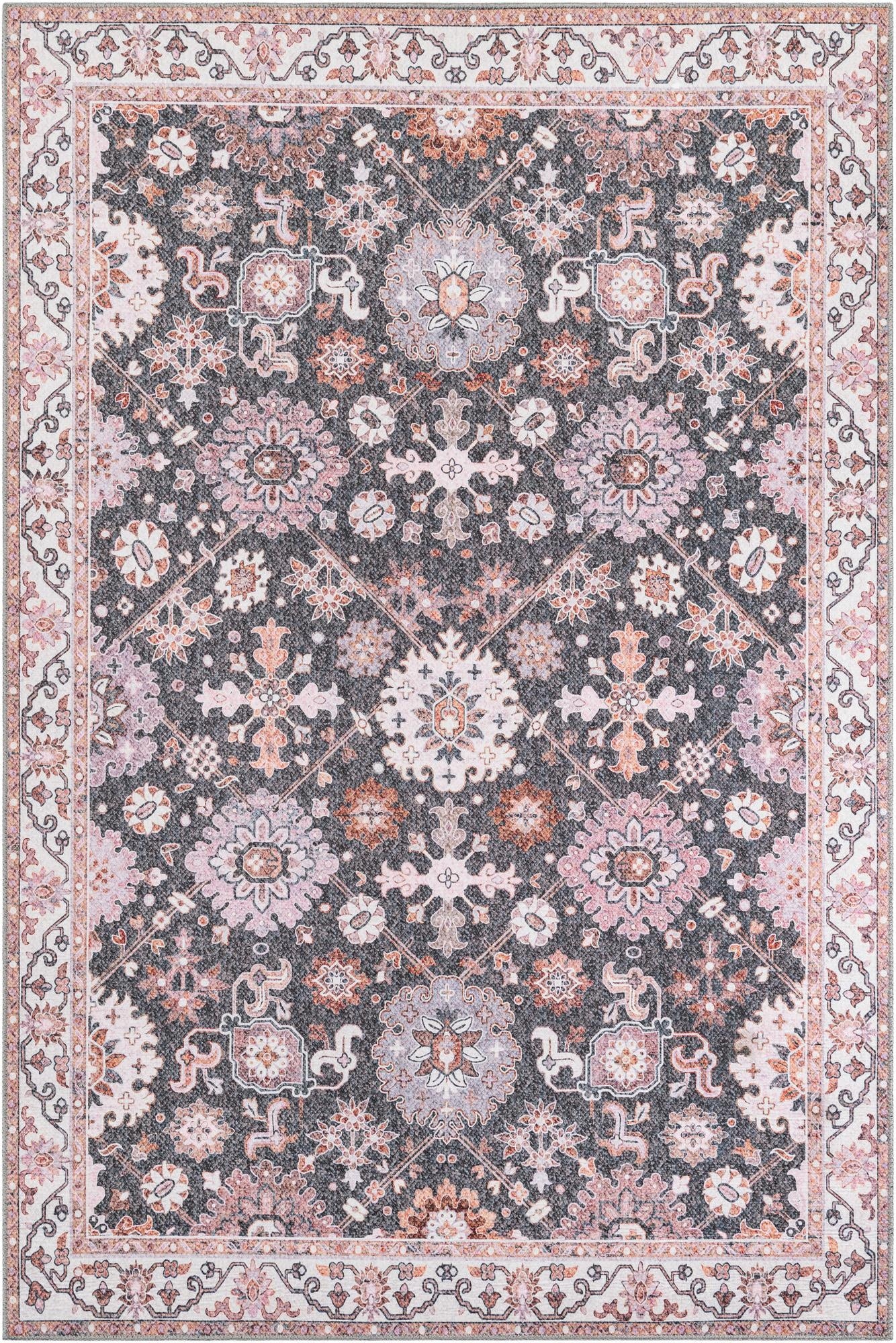 A 6x9 rectangular gray Oriental rug with a detailed medallion pattern and traditional border in muted pinks and oranges.