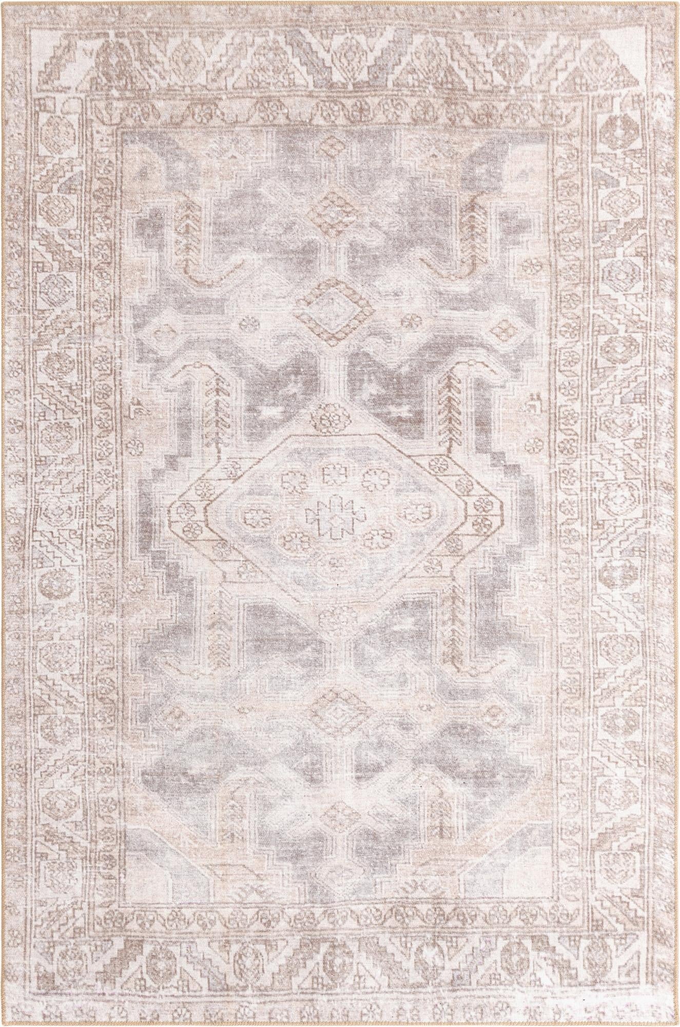 A 5x8 rectangular gray and silver rug with a faded medallion pattern and traditional border, suitable for a living room.