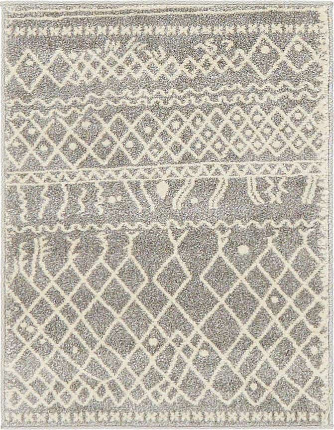 A 2x3 rectangular gray and off-white bohemian rug with tribal patterns and diamonds, ideal for a kitchen or entryway.