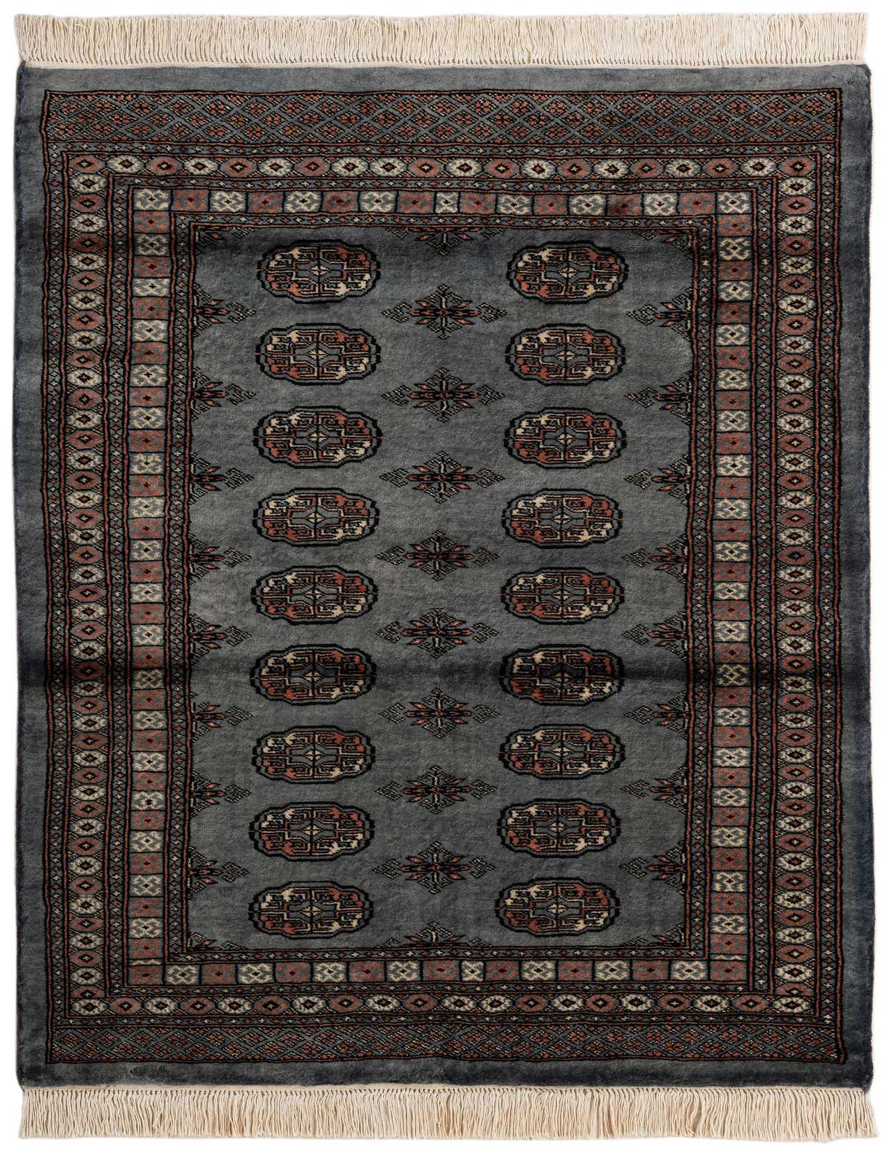 A 4x6 rectangular Torkaman wool rug featuring a traditional Persian pattern in shades of gray and silver with intricate red and black accents, and fringed ends.