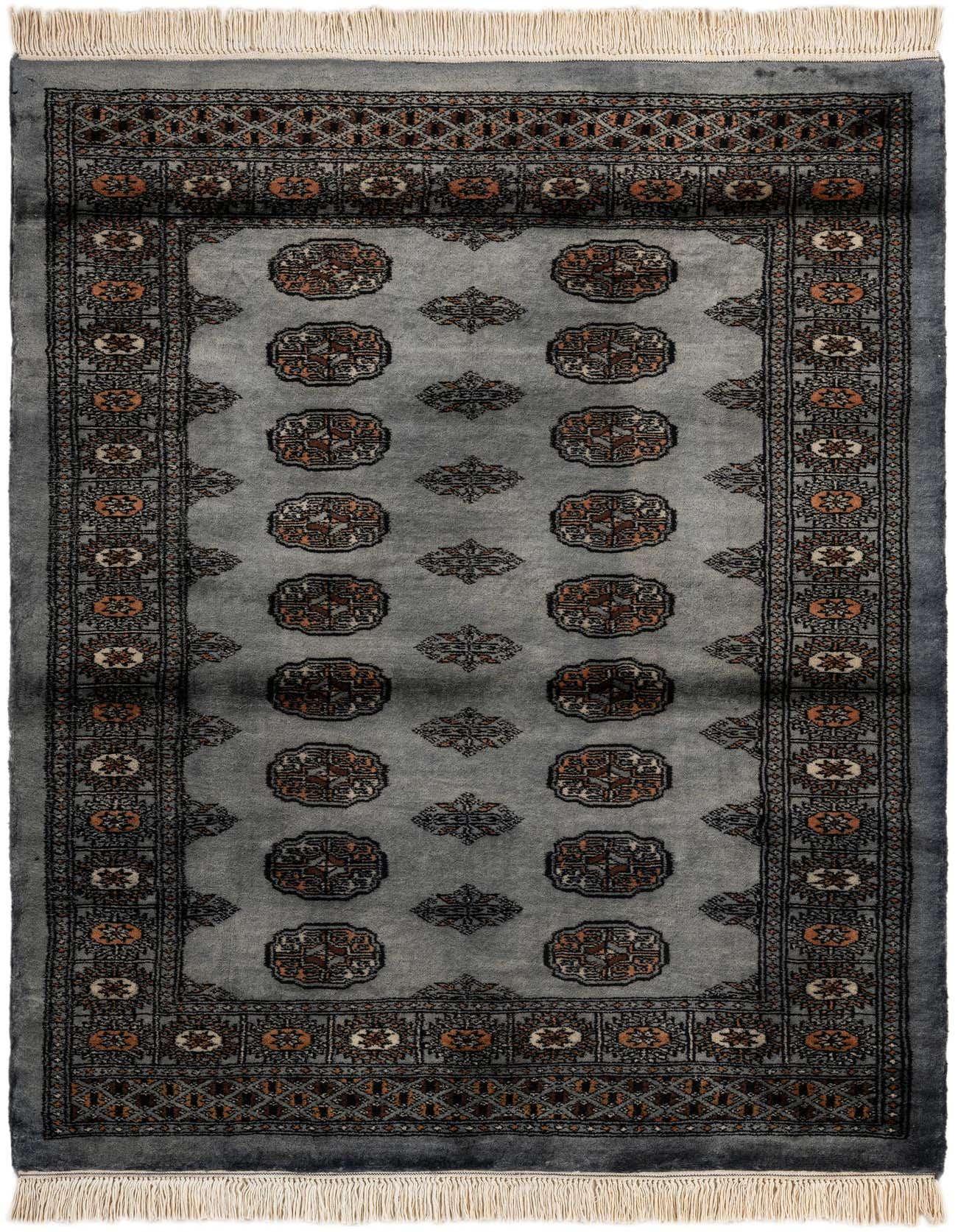 A 4x6 rectangular gray Persian rug with traditional medallion patterns in brown and orange, featuring cream fringes.