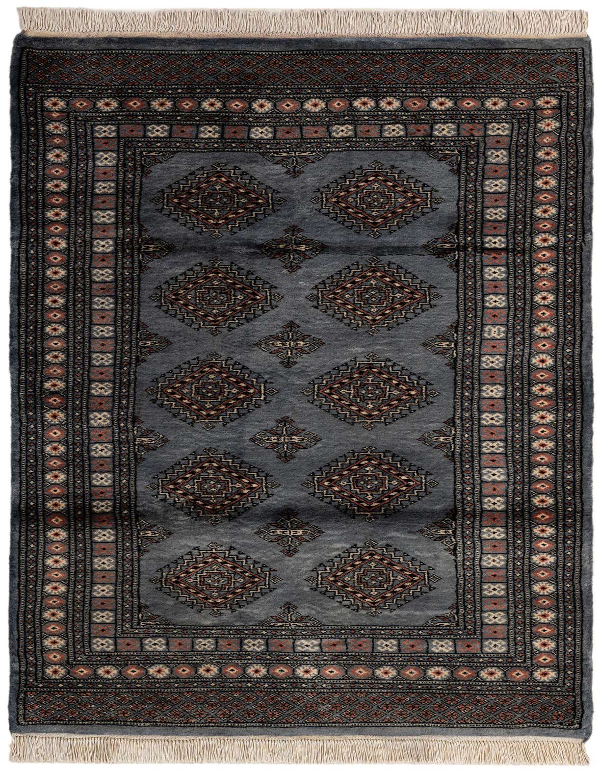 A 4x6 rectangular gray Persian wool rug with traditional medallion patterns and intricate borders, featuring fringe.
