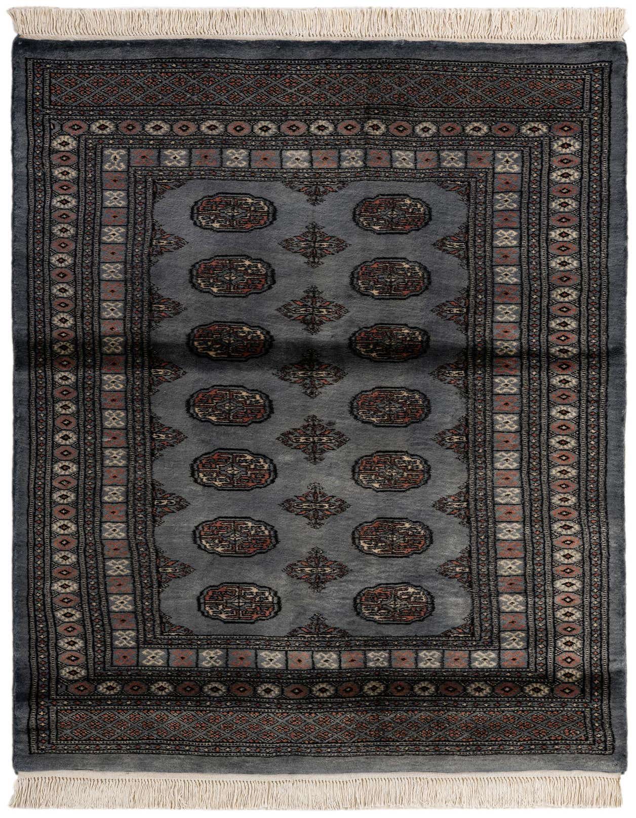 A 4x6 rectangular gray Persian wool rug with traditional red, black, and beige medallion patterns and a detailed border.