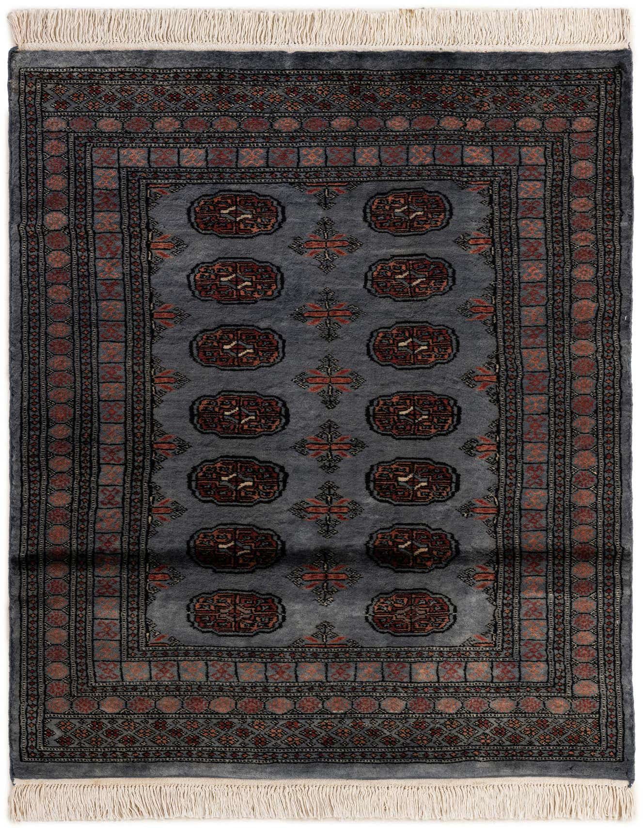 A 4x6 rectangular Torkaman rug featuring a traditional Persian pattern in shades of gray and silver with red-brown accents and fringe.