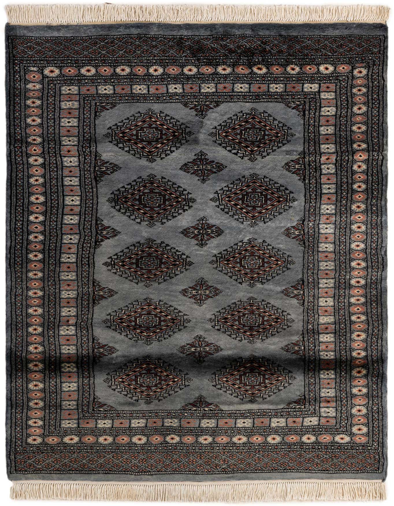 A 4x6 rectangular Torkaman rug featuring a traditional Persian pattern with gray and silver tones, intricate diamond motifs, and a detailed border, perfect for an entryway or living room.