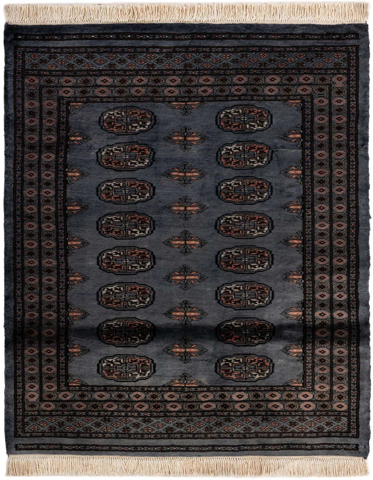 A 4x6 rectangular Torkaman rug featuring a traditional Persian pattern in shades of gray, silver, and muted red, with fringe.