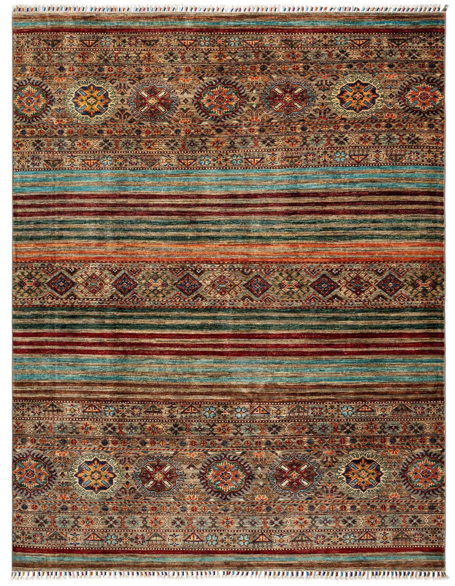 A 5x8 rectangular Persian rug with a complex pattern of medallions and stripes in grays, silvers, blues, reds, and oranges.