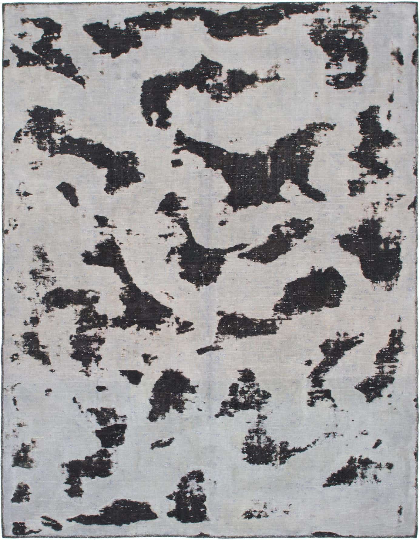 A 6x9 rectangular gray and black abstract rug with a distressed, vintage-inspired pattern, suitable for a living room.