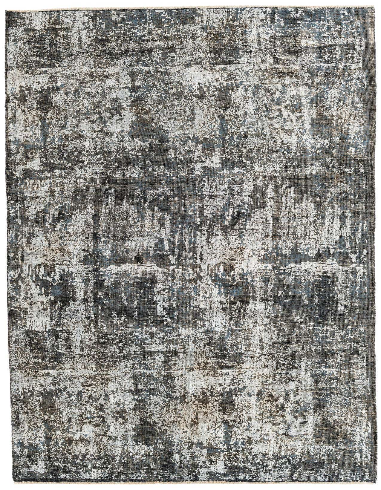 A 6x9 rectangular gray and silver abstract rug with a distressed vintage Persian pattern, suitable for a living room.