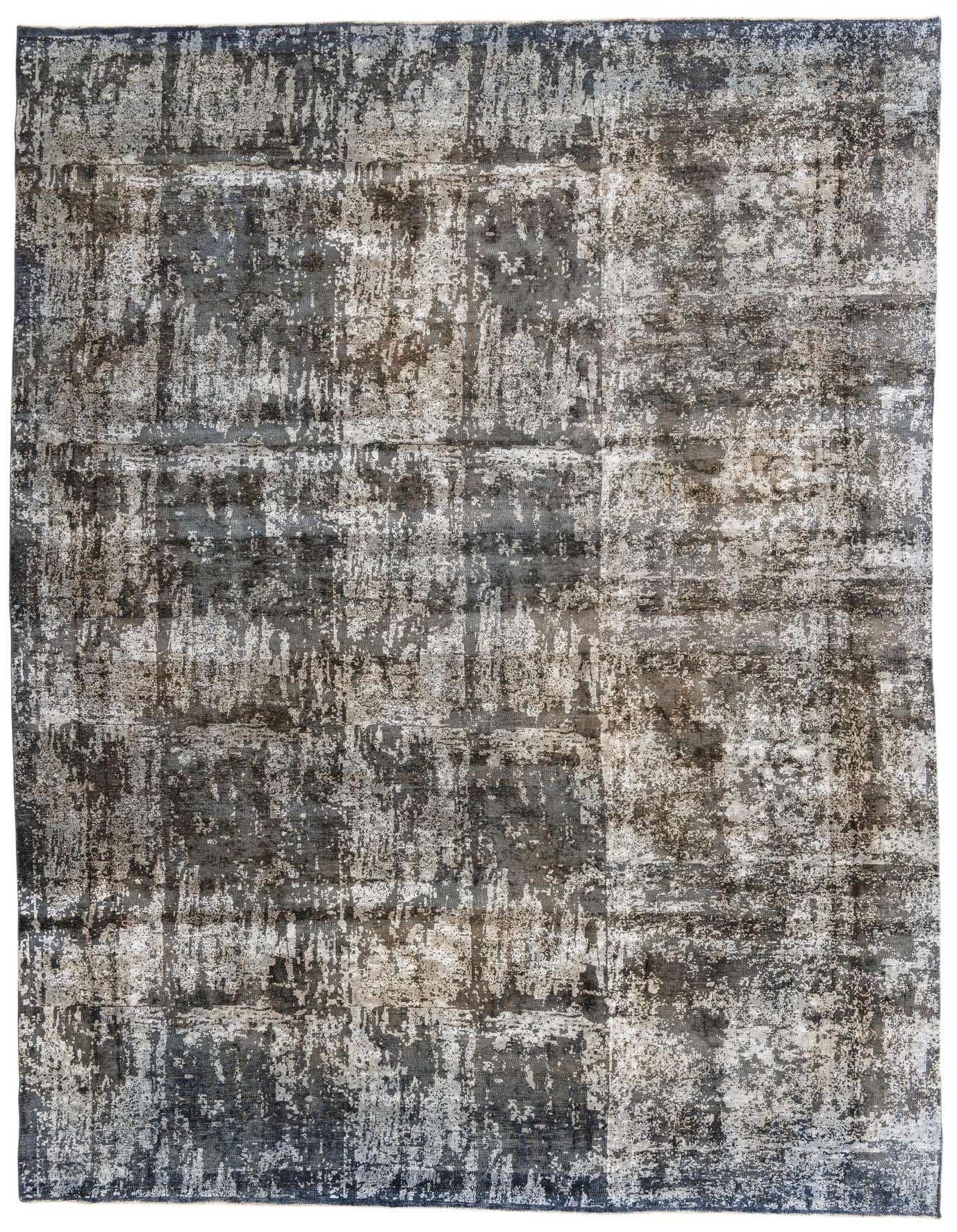 A large 9x12 rectangular Ultra Vintage rug featuring an abstract, distressed pattern in varying shades of gray and silver.