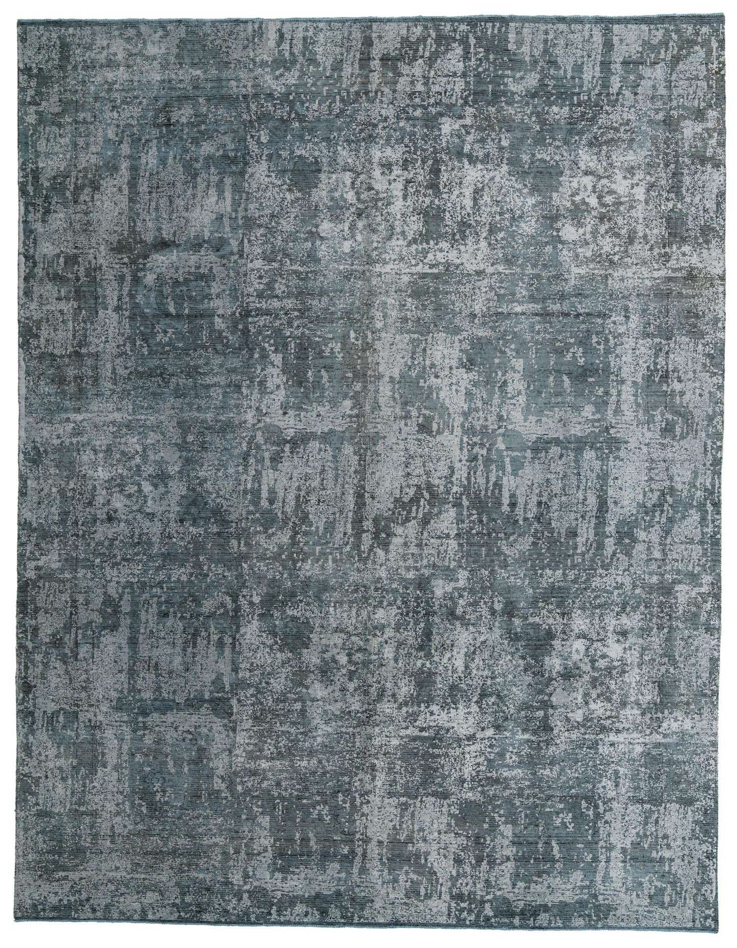 A 9x12 rectangular gray and silver wool area rug with a distressed Persian-modern pattern, suitable for a living room.