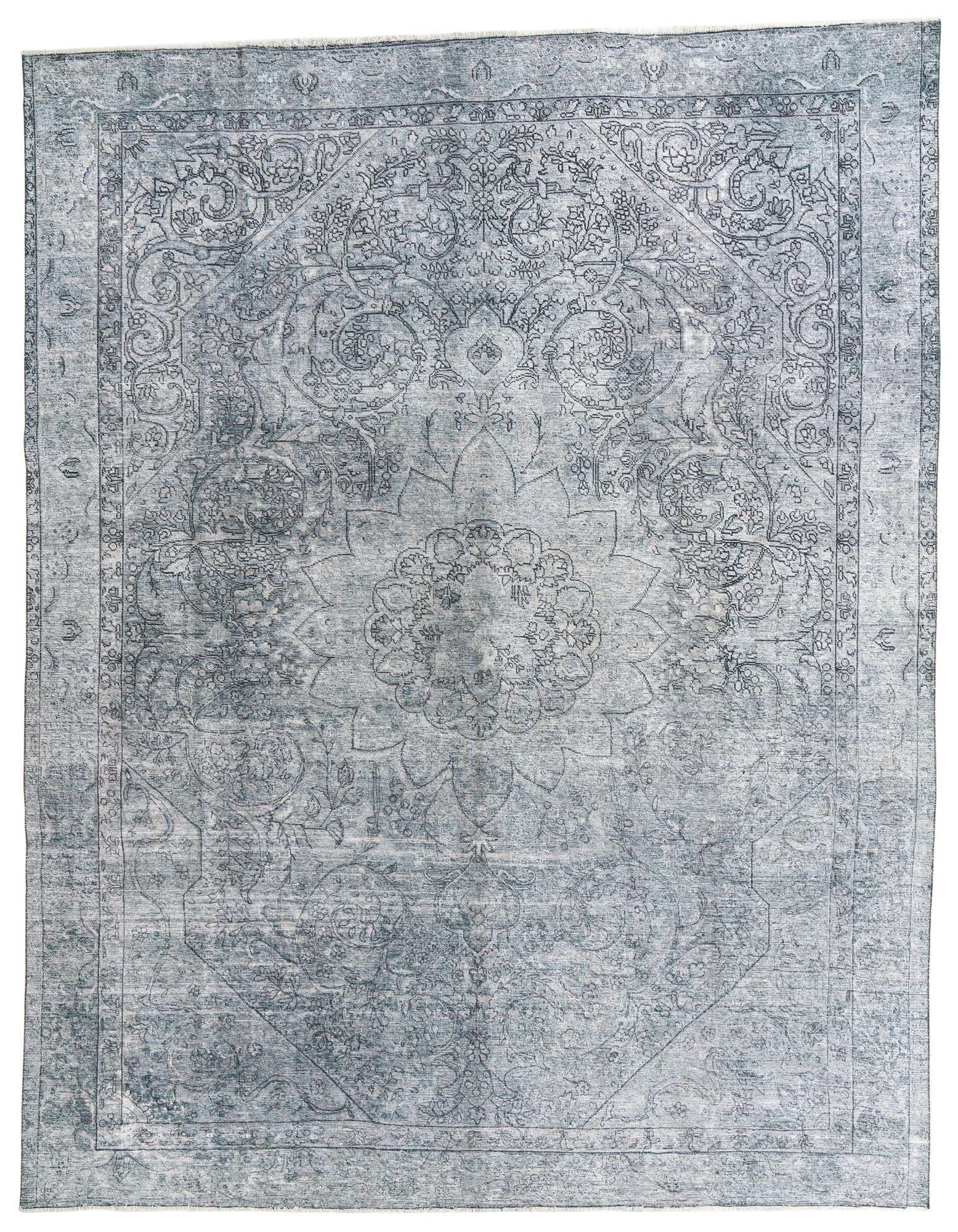 A large 10x12 rectangular gray wool rug with a faded Persian medallion and floral pattern, suitable for an indoor living space.