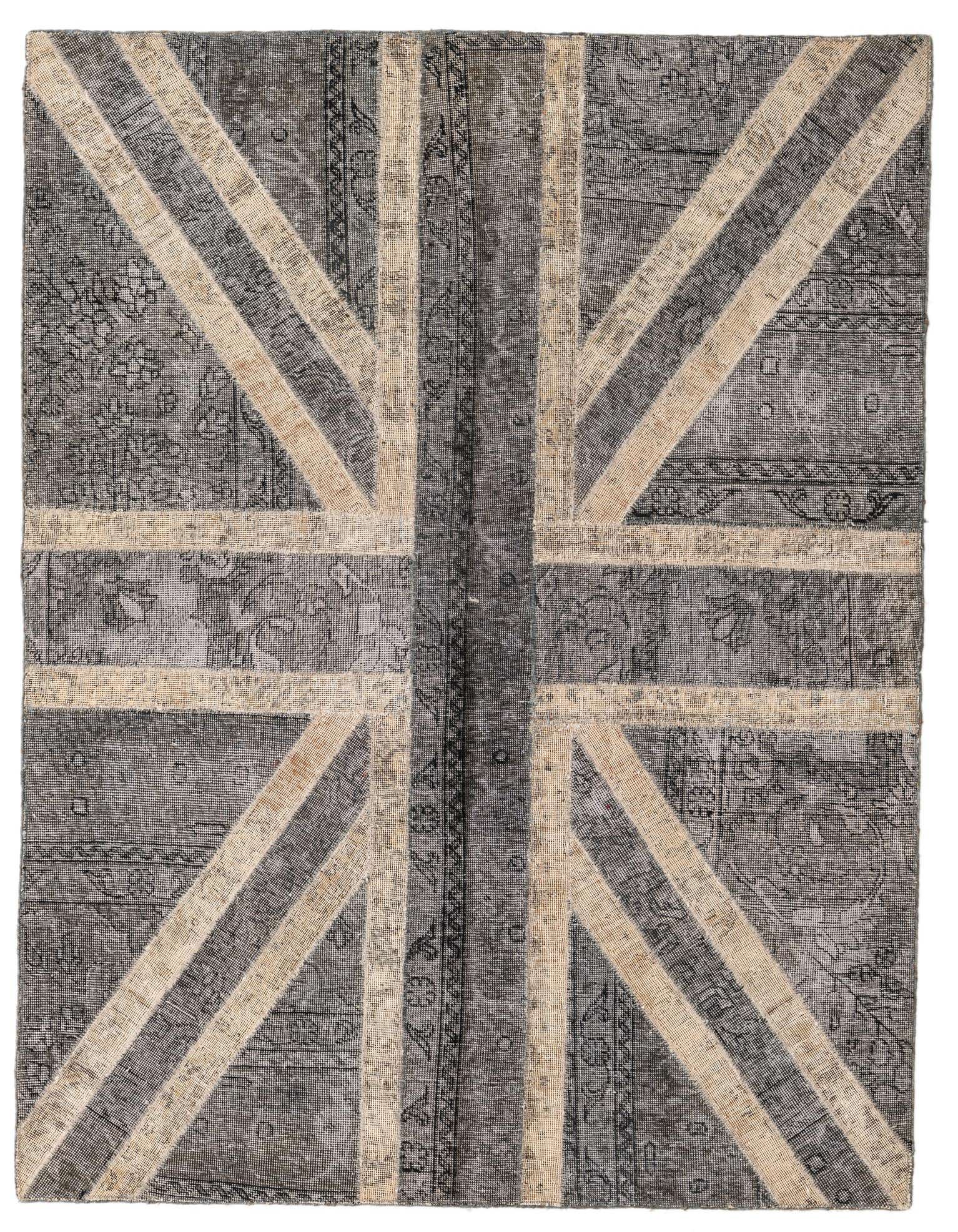 A 4x6 rectangular gray wool rug with a distressed Union Jack flag pattern, featuring lighter gray and beige stripes.
