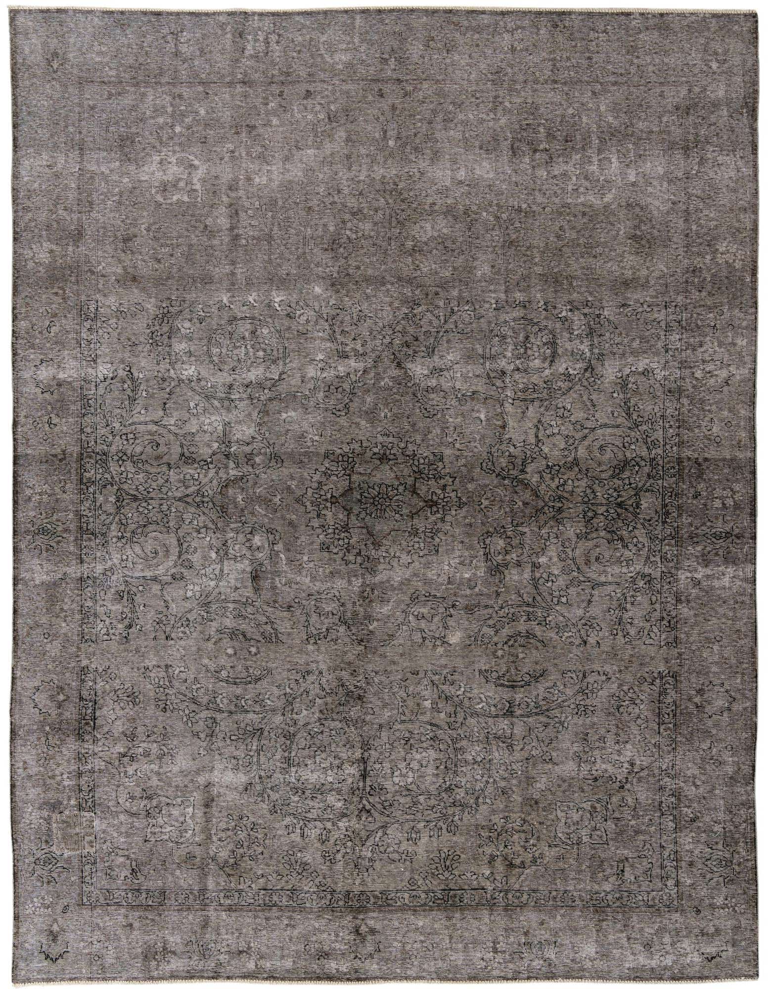 A 9x12 rectangular gray wool area rug with a faded Persian floral pattern, ideal for a living room.