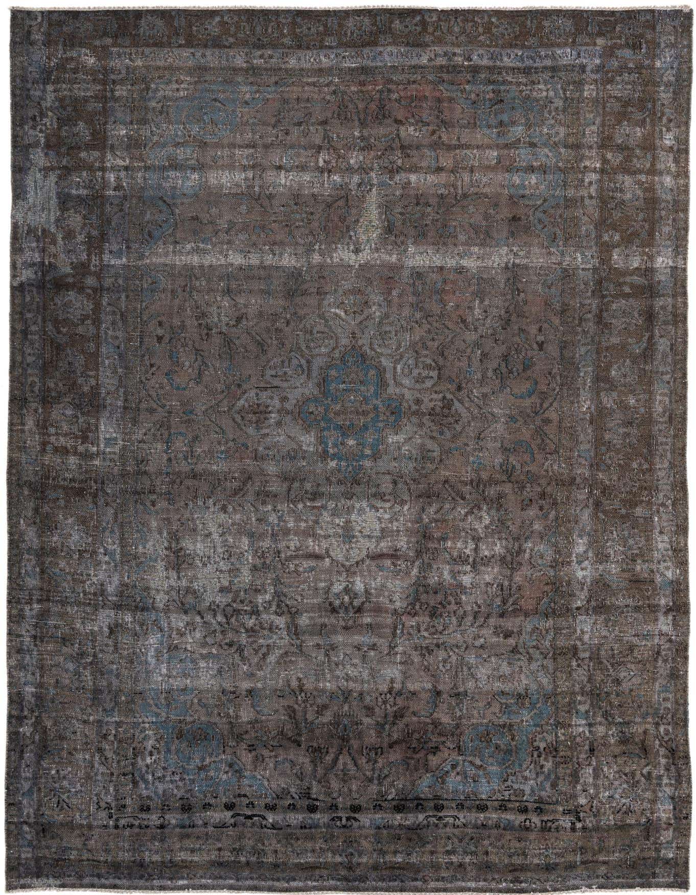 A 6x9 rectangular gray Persian rug with faded blue and silver medallion patterns, suitable for a living room.
