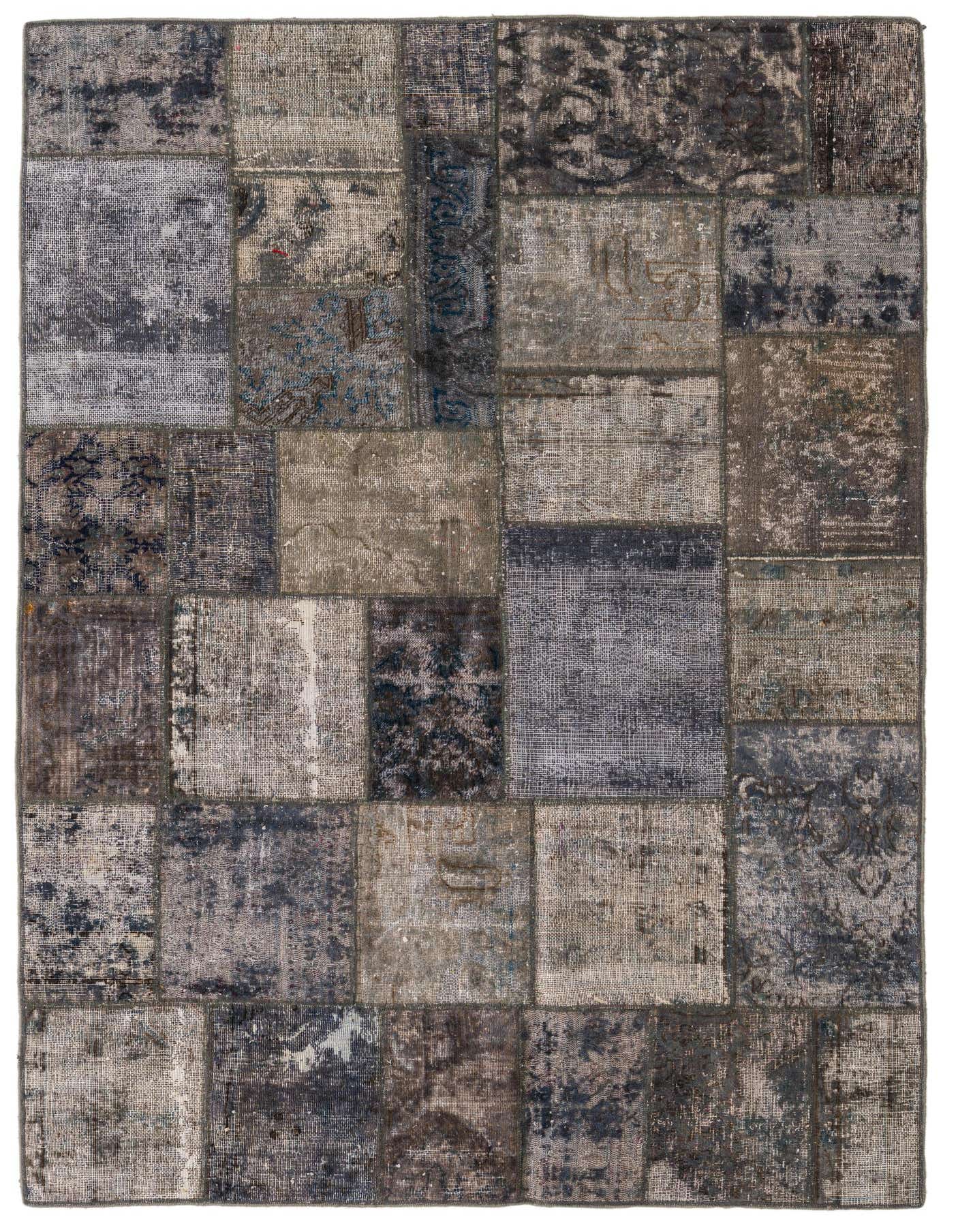 A 4x6 rectangular Ultra Vintage wool rug features a distressed patchwork design in various shades of gray and silver.