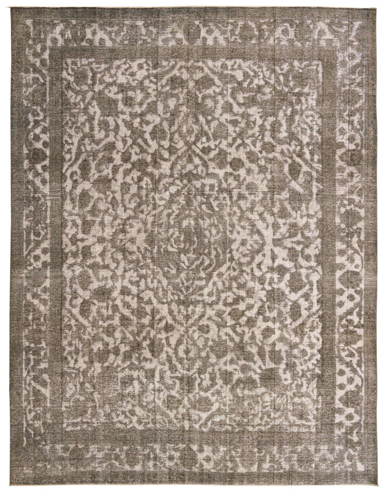 A large 10x12 rectangular gray wool rug featuring a distressed Persian medallion and border pattern.