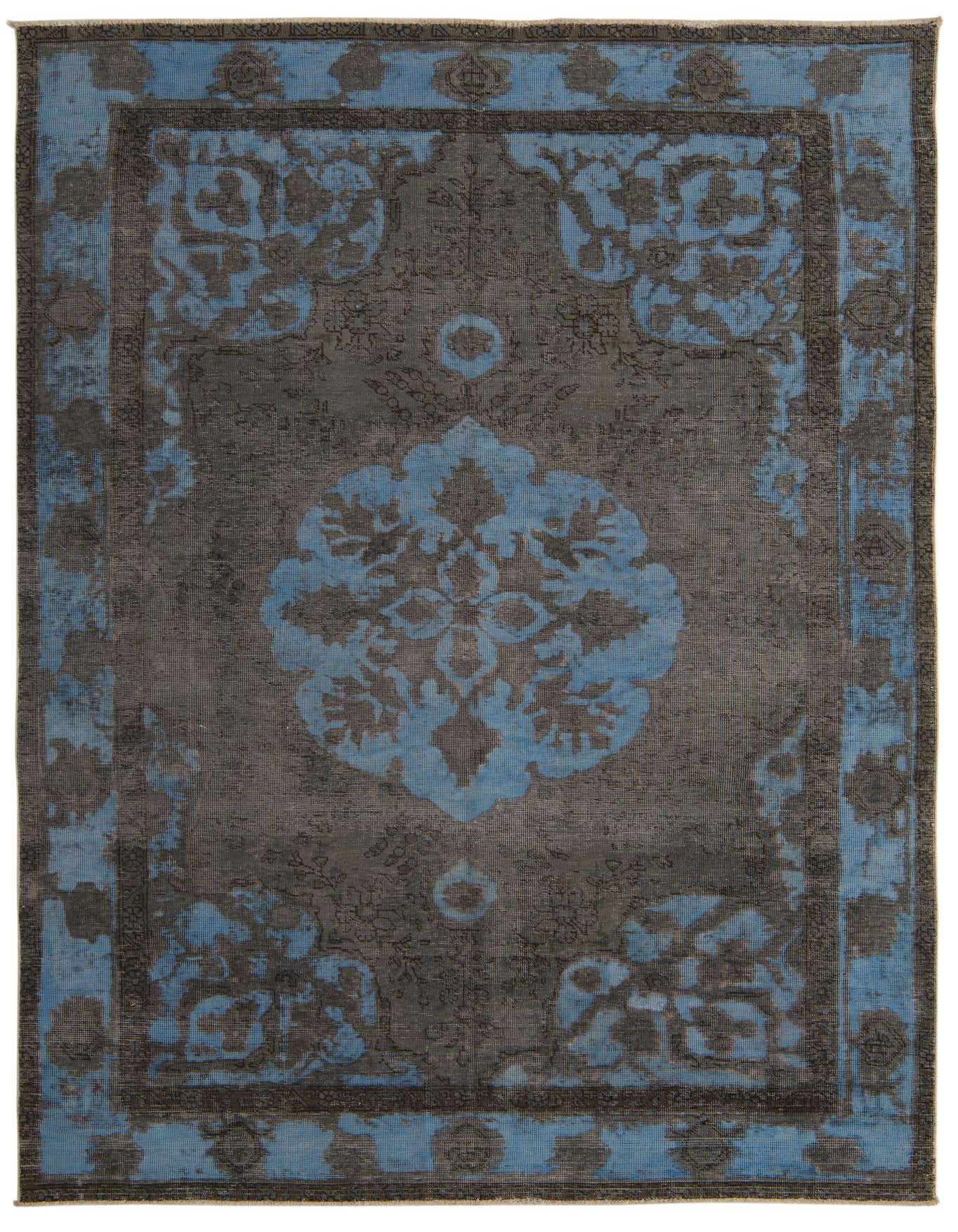A 6x9 rectangular gray and blue Persian-style rug with a distressed medallion pattern and ornate border.