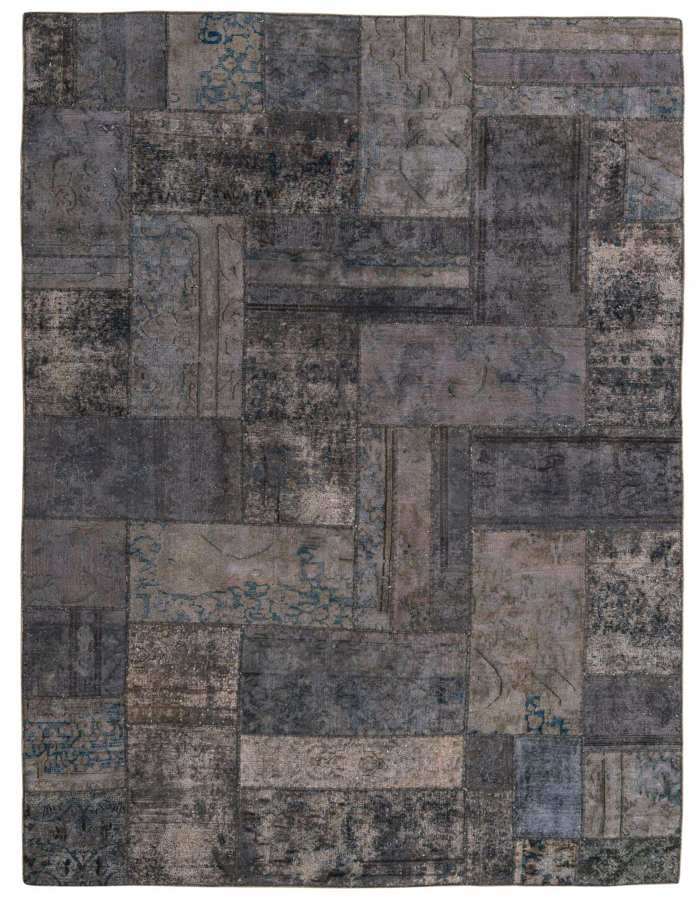 A 7x10 rectangular Ultra Vintage rug featuring a patchwork of gray and silver distressed Persian and abstract patterns.
