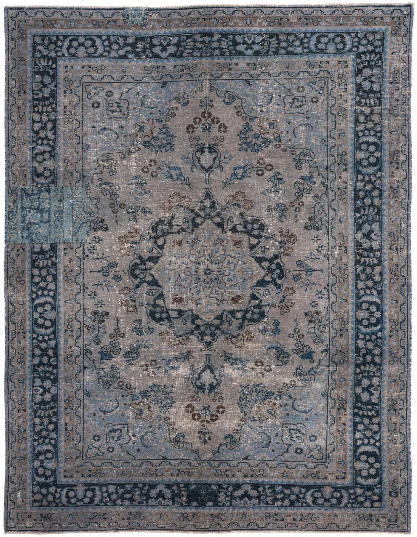 A 6x9 rectangular gray Persian rug with a faded blue medallion and intricate floral patterns, featuring a distressed vintage look.